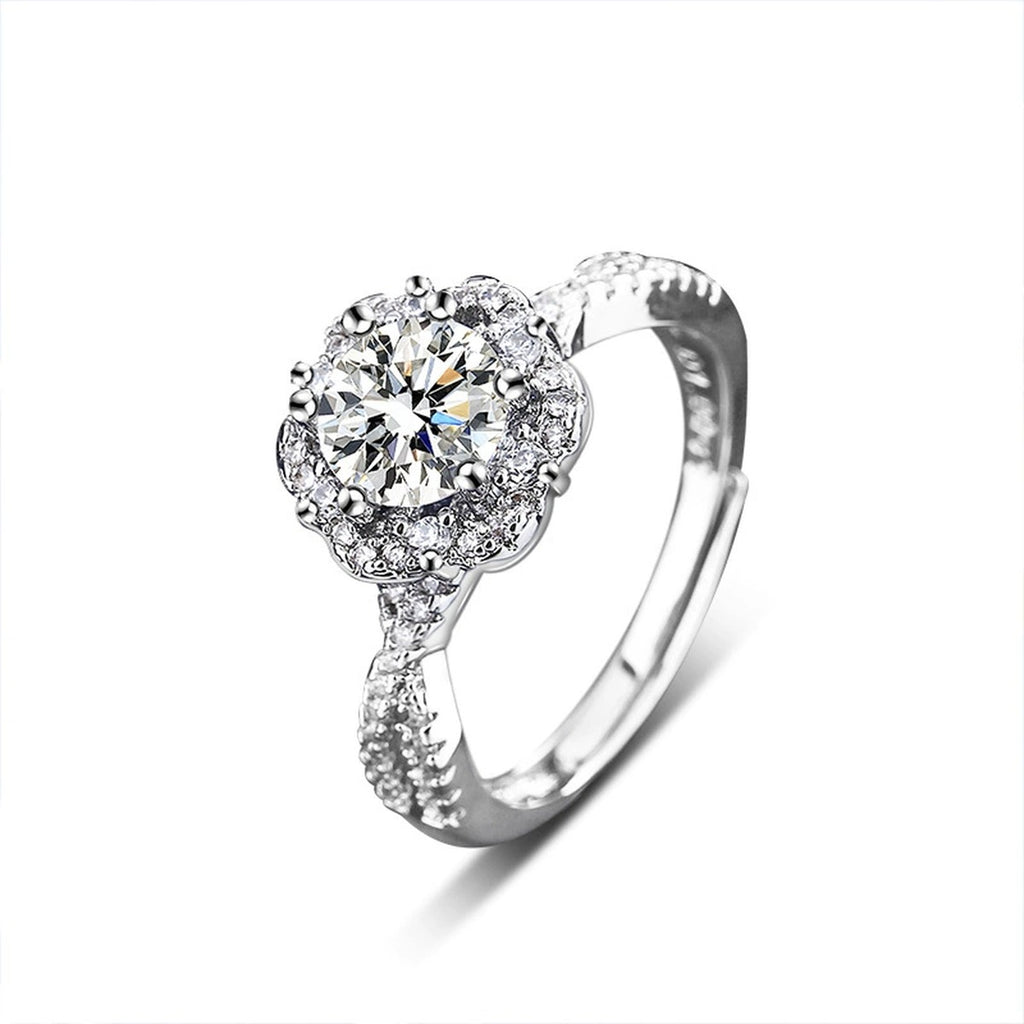Floral Halo Round Moissanite Adjustable Engagement Ring with CZ in white gold-plated S925 sterling silver on clean white background