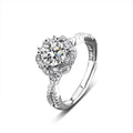 Floral Halo Round Moissanite Adjustable Engagement Ring with CZ in white gold-plated S925 sterling silver on clean white background