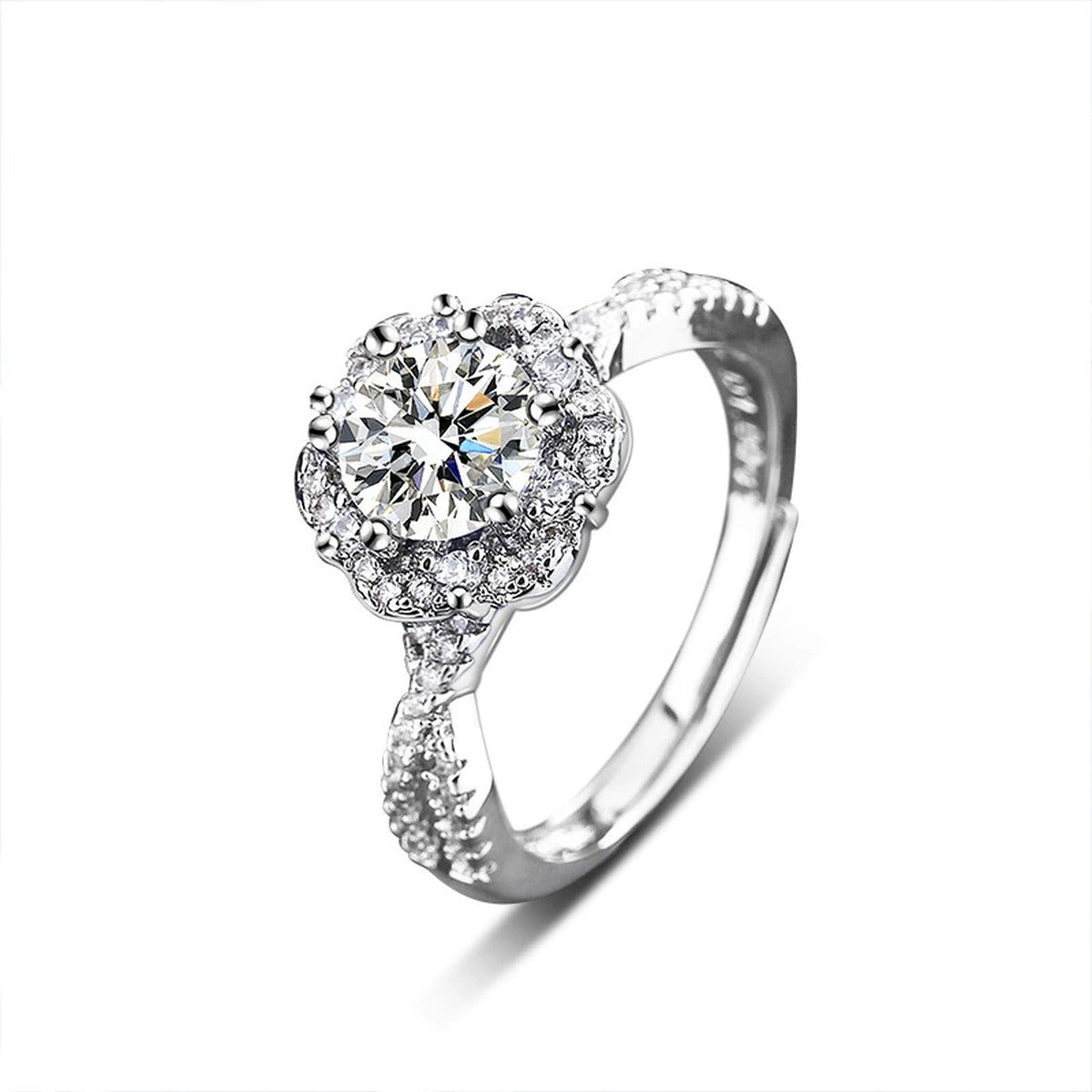 Floral Halo Round Moissanite Adjustable Engagement Ring with CZ in white gold-plated S925 sterling silver on clean white background