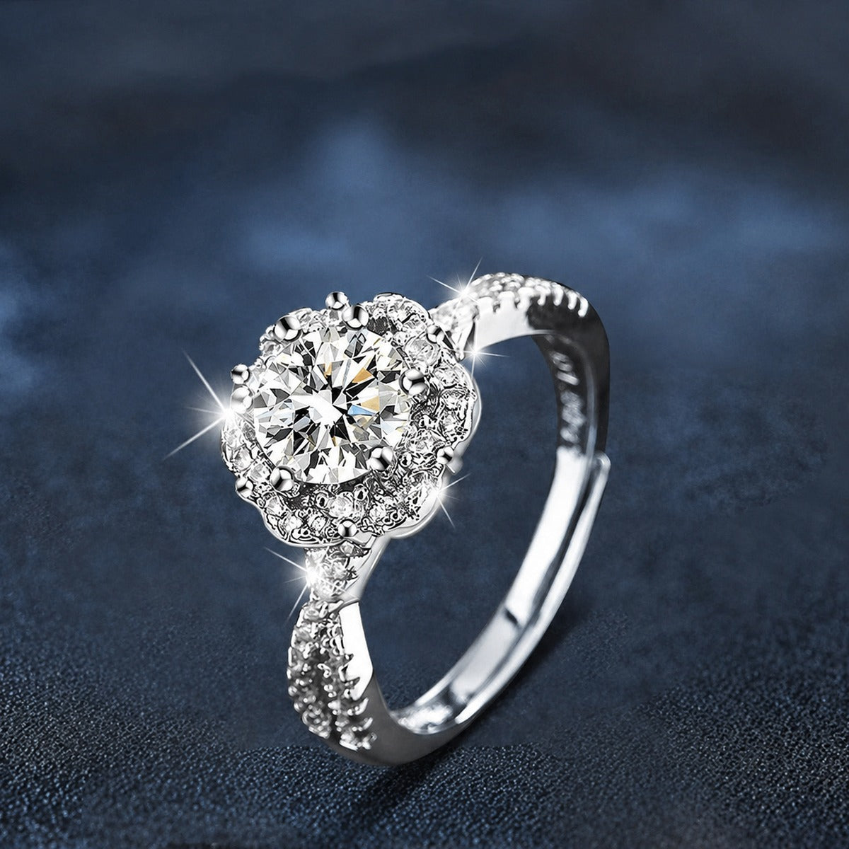 Floral Halo Round Moissanite Adjustable Engagement Ring with CZ close-up detail view with moissanite sparkle