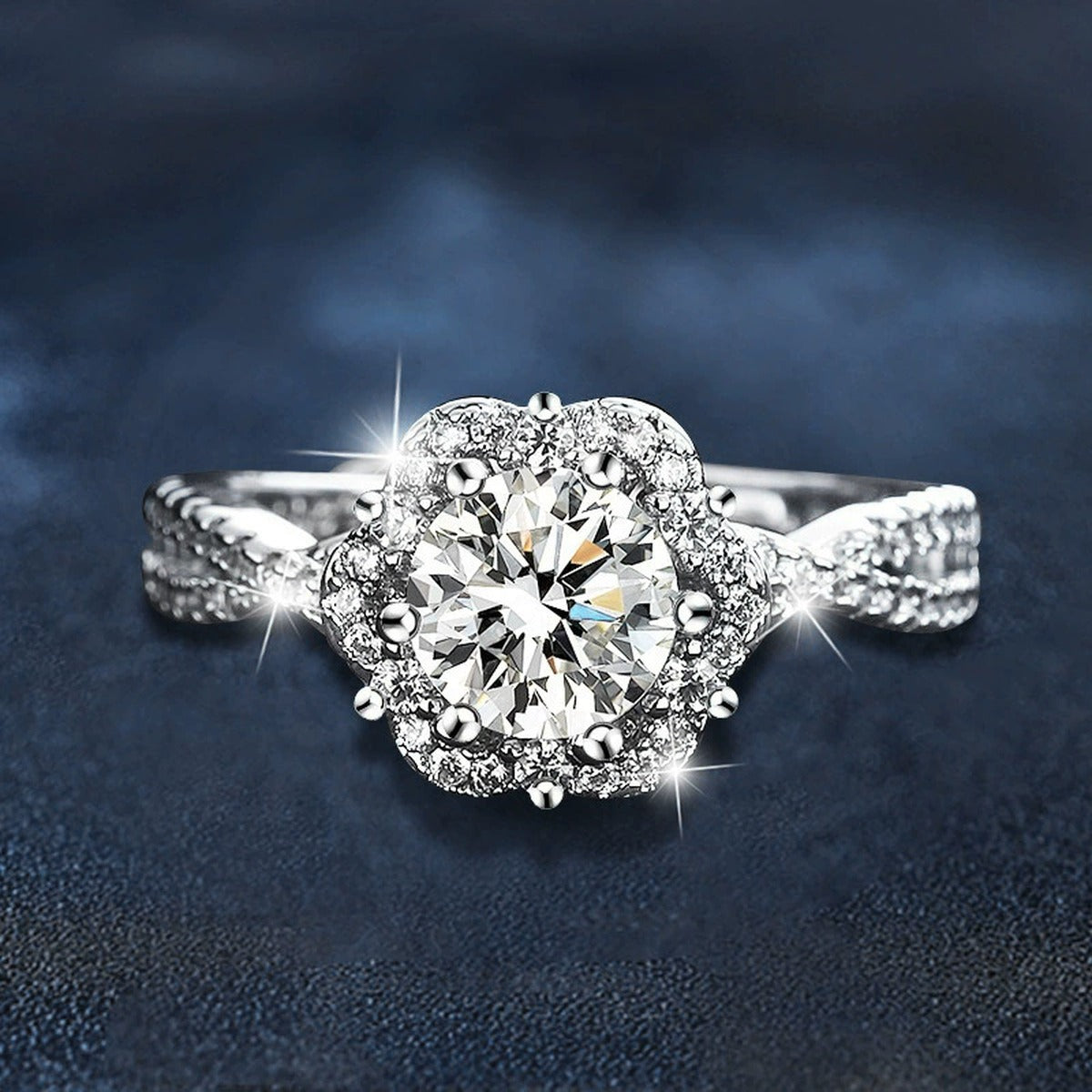 Floral Halo Round Moissanite Adjustable Engagement Ring with CZ close-up detail view with moissanite sparkle