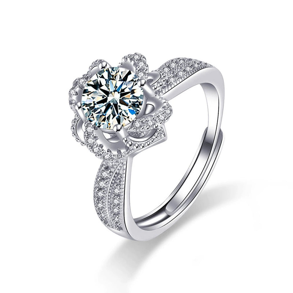 Rose Motif Round Moissanite Adjustable Engagement Ring with CZ in white gold-plated S925 sterling silver on clean white background