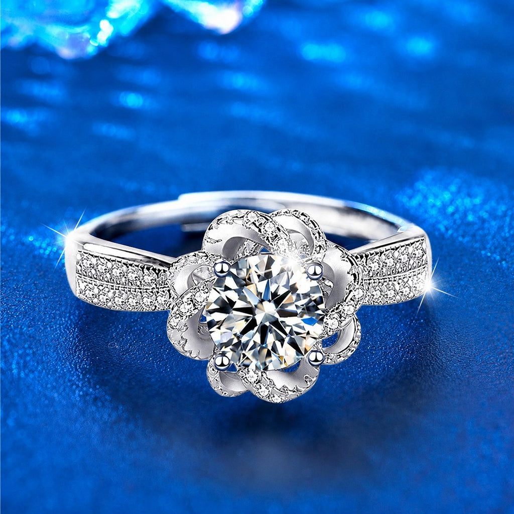 Rose Motif Round Moissanite Adjustable Engagement Ring with CZ close-up detail view with moissanite sparkle
