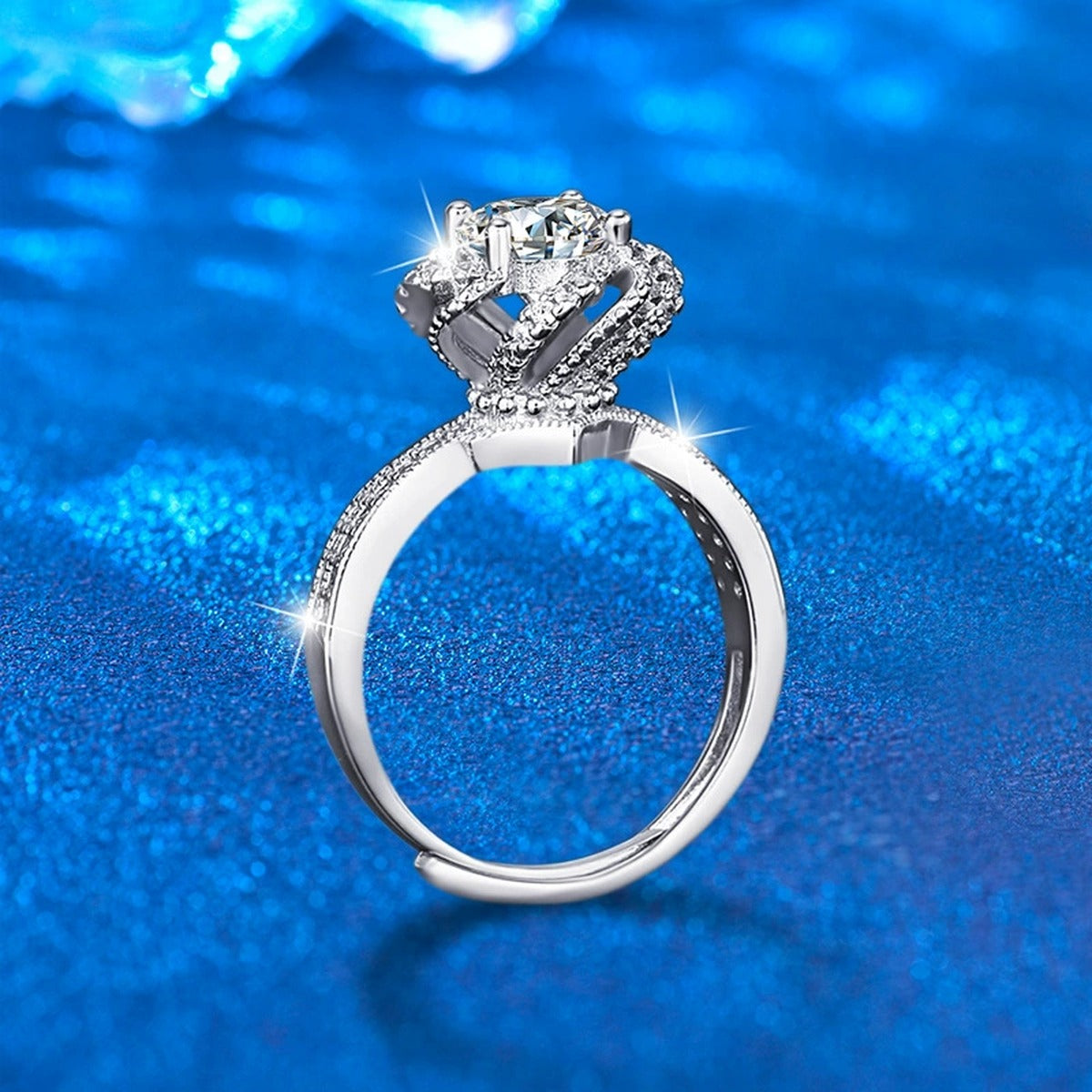 Rose Motif Round Moissanite Adjustable Engagement Ring with CZ close-up detail view with moissanite sparkle