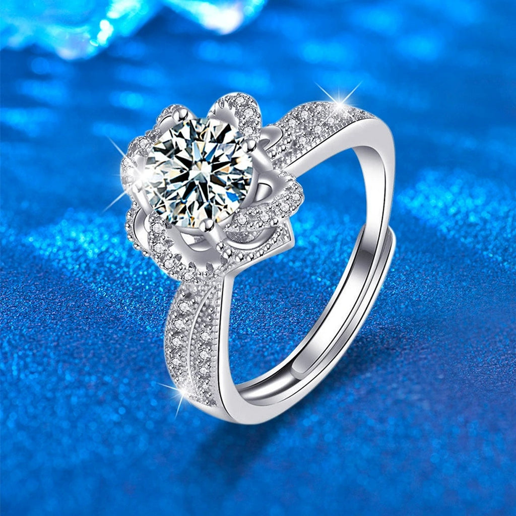Rose Motif Round Moissanite Adjustable Engagement Ring with CZ close-up detail view with moissanite sparkle