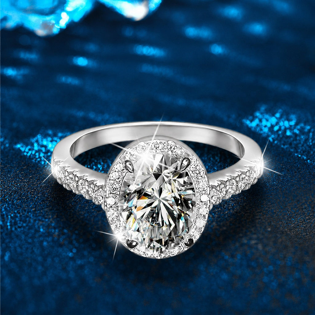 Oval Cut Moissanite Halo Engagement Ring with CZ close-up detail view with moissanite sparkle