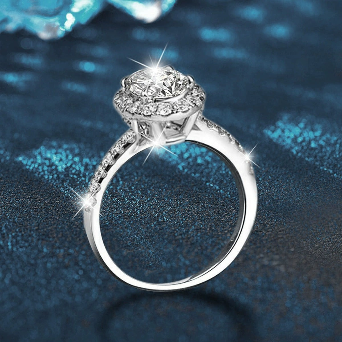 Oval Cut Moissanite Halo Engagement Ring with CZ close-up detail view with moissanite sparkle