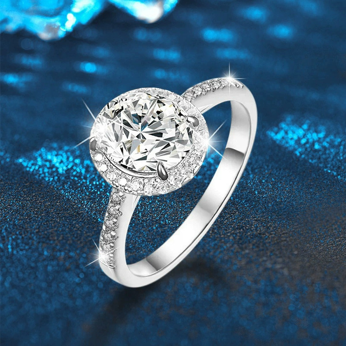 Oval Cut Moissanite Halo Engagement Ring with CZ close-up detail view with moissanite sparkle