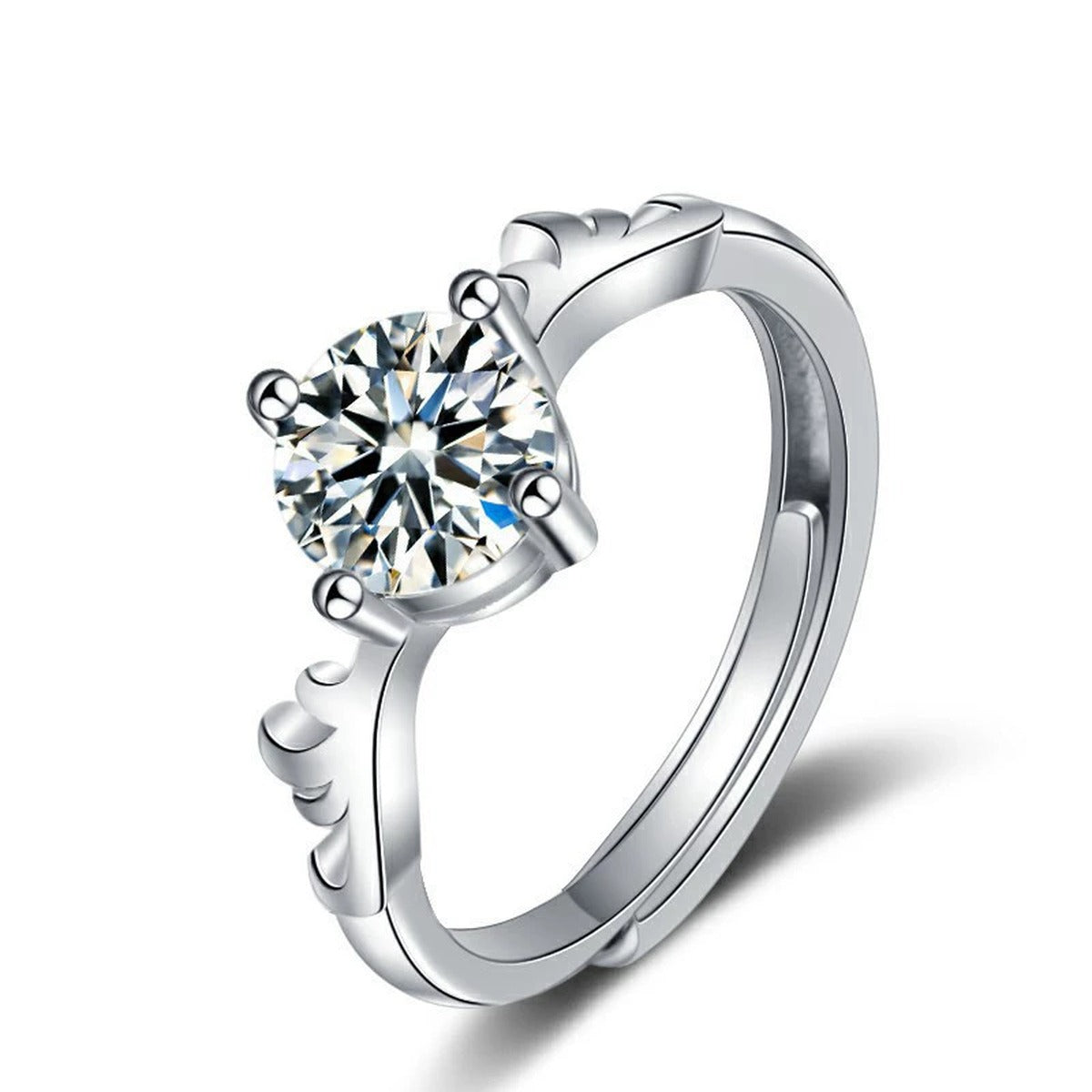 Antler Four-Prong Round Moissanite Adjustable Engagement Ring in white gold-plated S925 sterling silver on clean white background