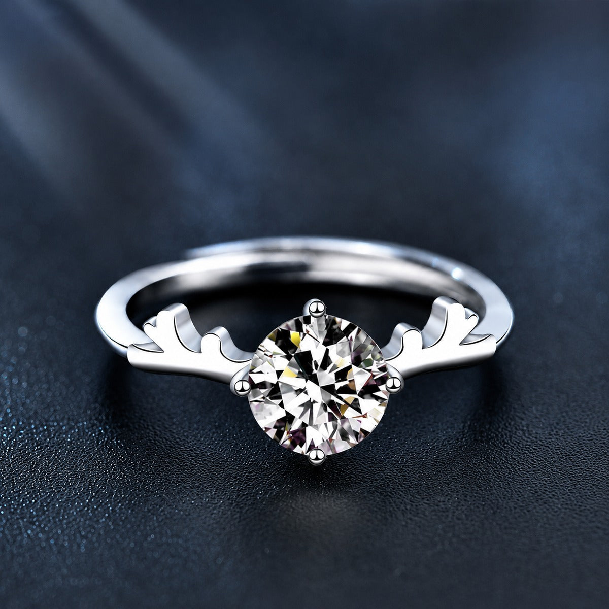 Antler Four-Prong Round Moissanite Adjustable Engagement Ring close-up detail view with moissanite sparkle