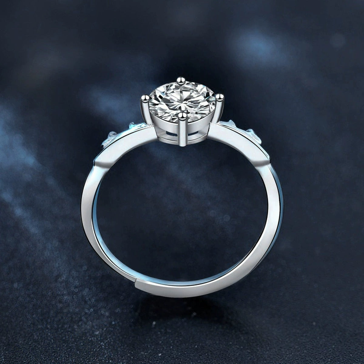 Antler Four-Prong Round Moissanite Adjustable Engagement Ring close-up detail view with moissanite sparkle