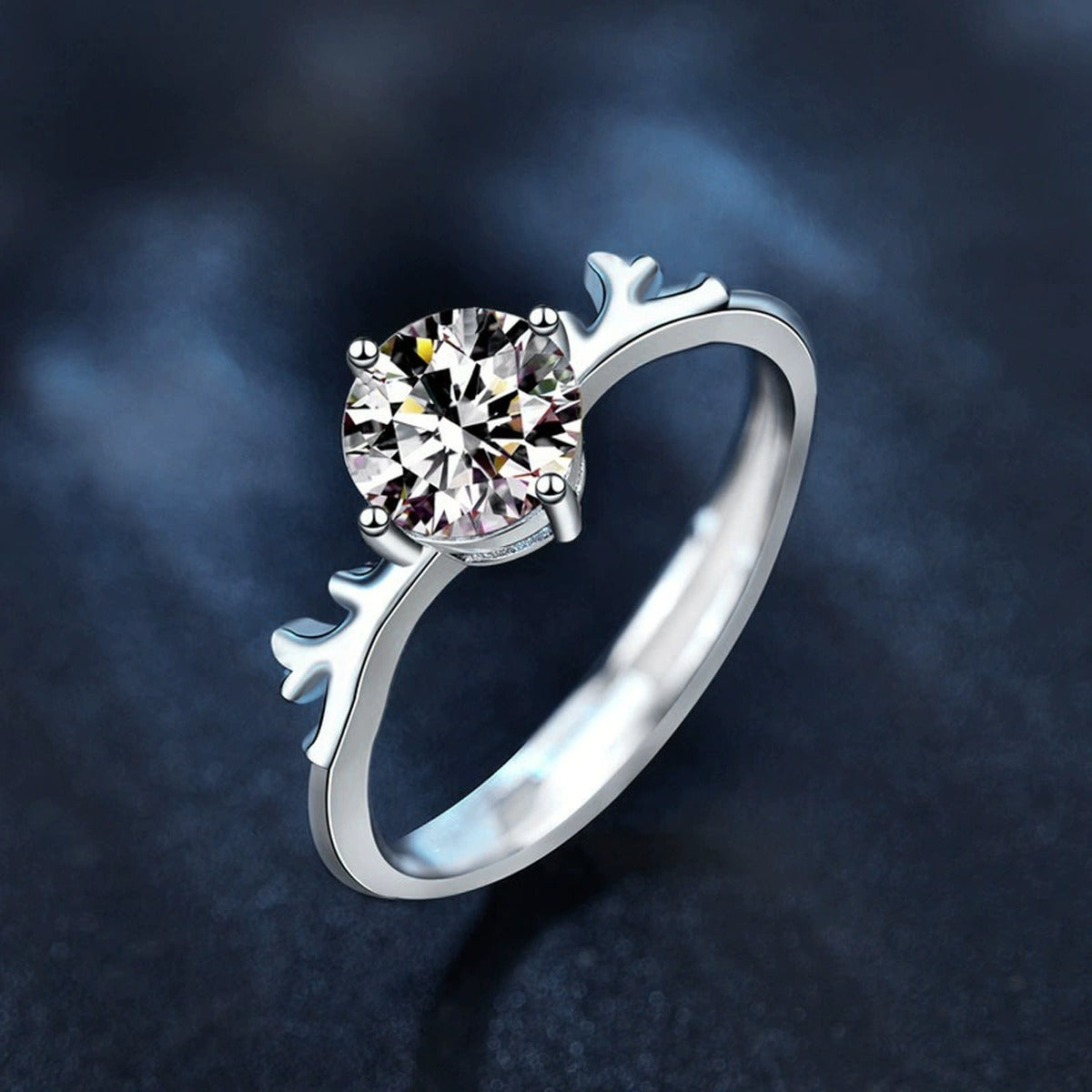Antler Four-Prong Round Moissanite Adjustable Engagement Ring close-up detail view with moissanite sparkle