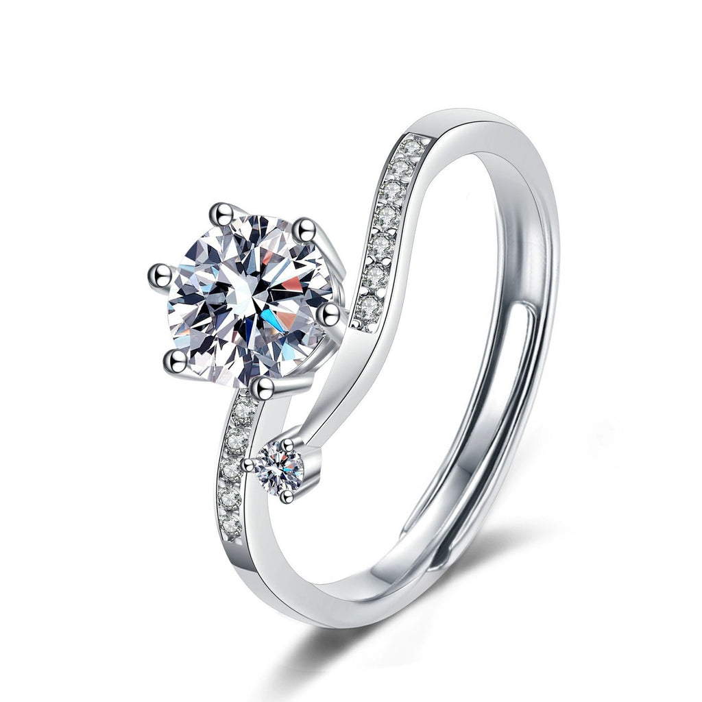 Six-Prong Round Moissanite Adjustable Engagement Ring with CZ in white gold-plated S925 sterling silver on clean white background