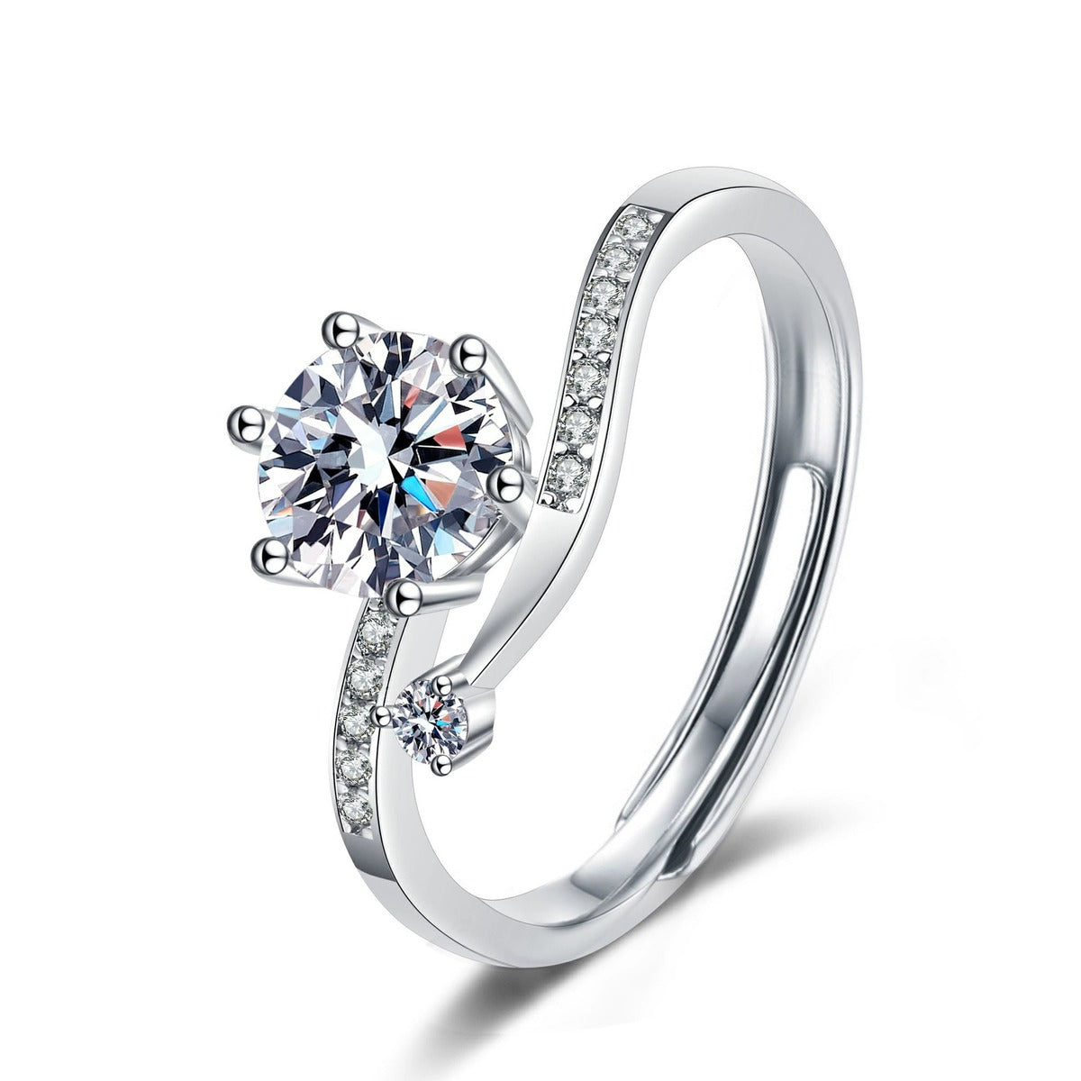 Six-Prong Round Moissanite Adjustable Engagement Ring with CZ in white gold-plated S925 sterling silver on clean white background