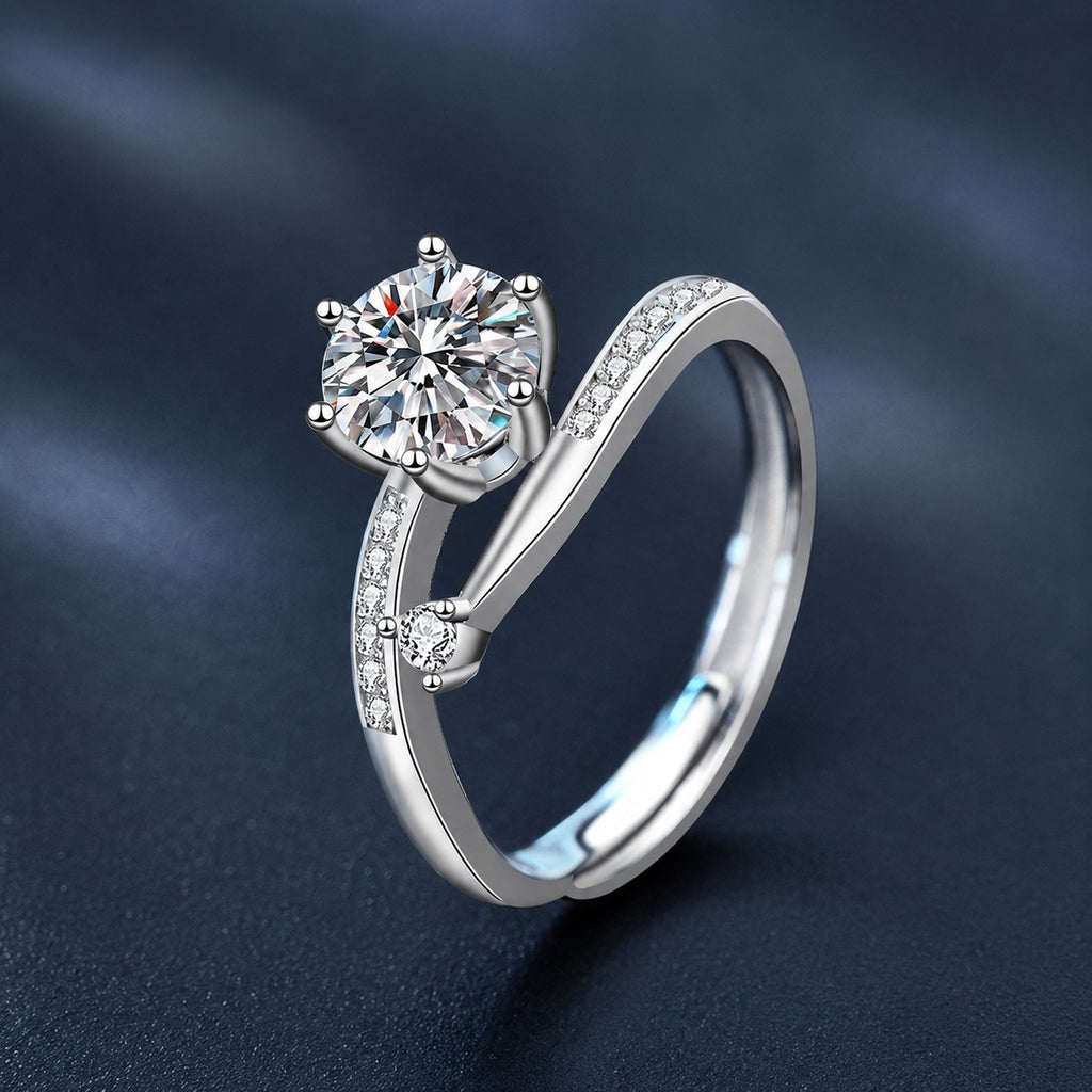 Six-Prong Round Moissanite Adjustable Engagement Ring with CZ product view showing moissanite setting and metal finish