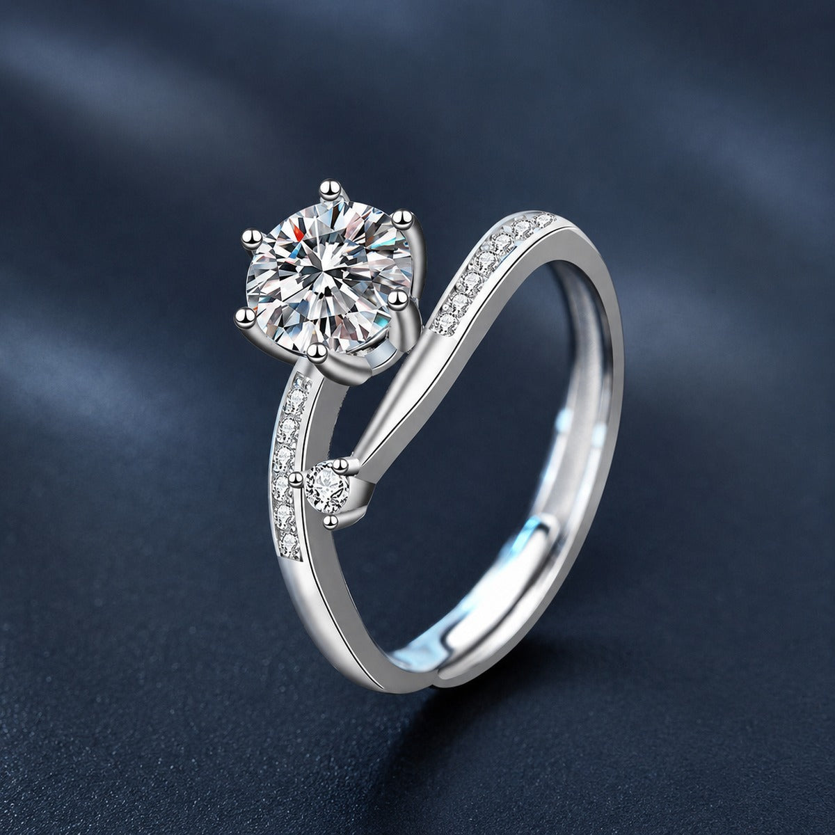 Six-Prong Round Moissanite Adjustable Engagement Ring with CZ product view showing moissanite setting and metal finish