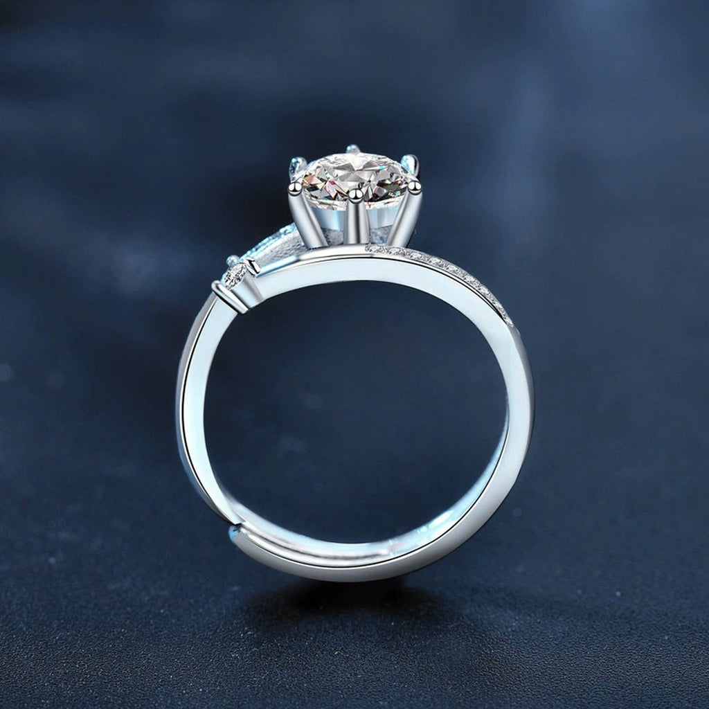 Six-Prong Round Moissanite Adjustable Engagement Ring with CZ product view showing moissanite setting and metal finish