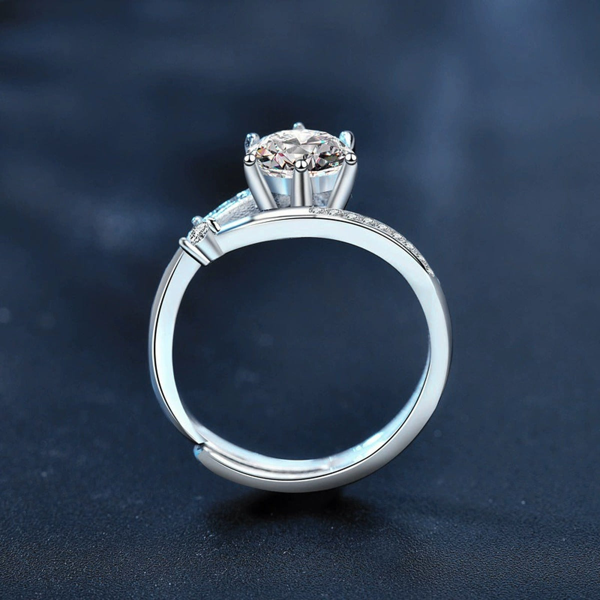 Six-Prong Round Moissanite Adjustable Engagement Ring with CZ product view showing moissanite setting and metal finish