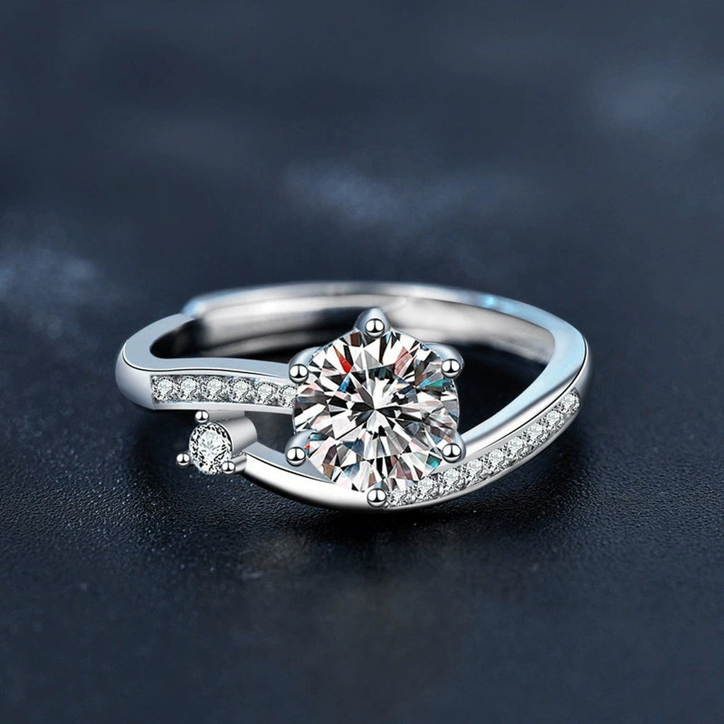 Six-Prong Round Moissanite Adjustable Engagement Ring with CZ product view showing moissanite setting and metal finish