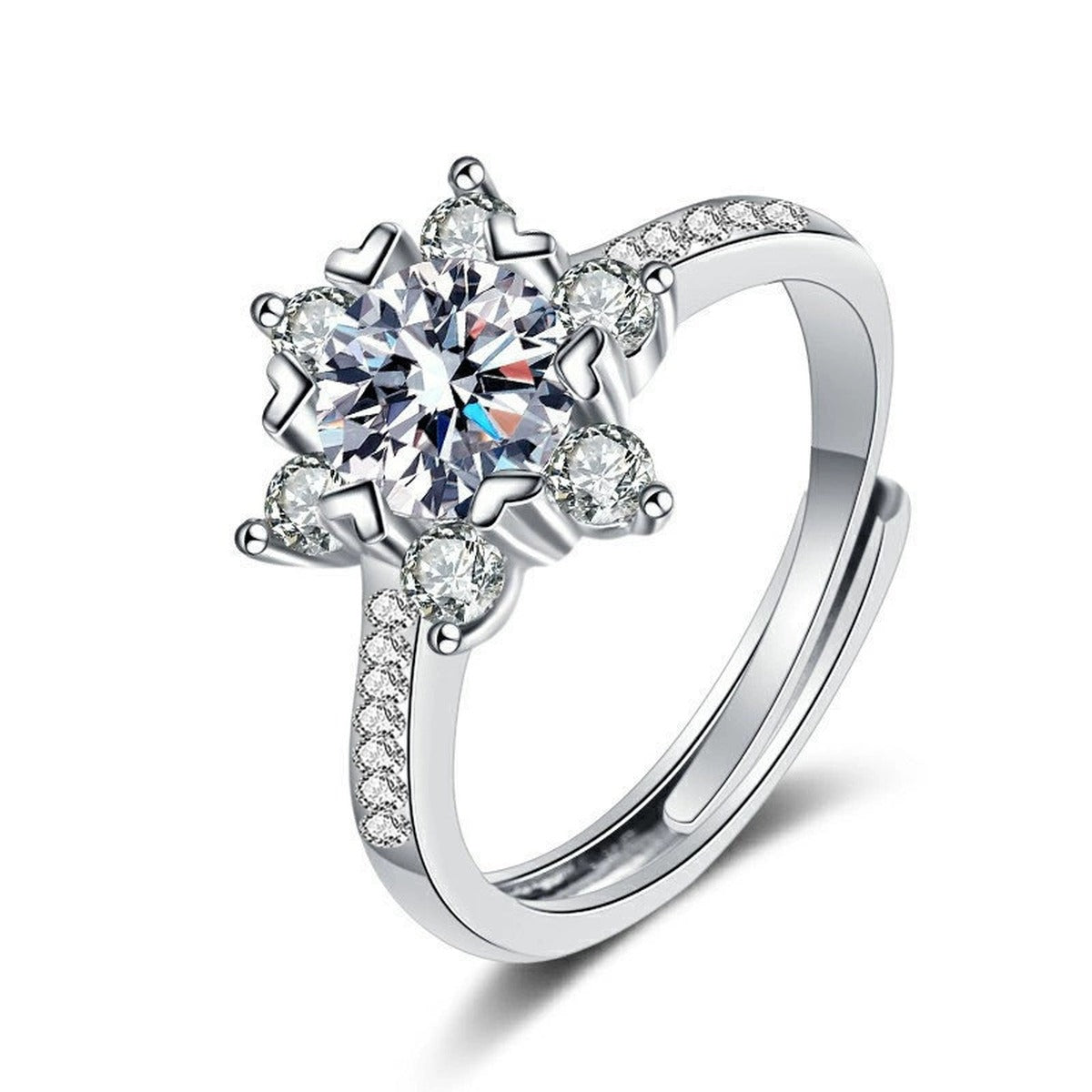 Snowflake Round Moissanite Adjustable Engagement Ring with CZ in gold-plated S925 sterling silver on clean white background