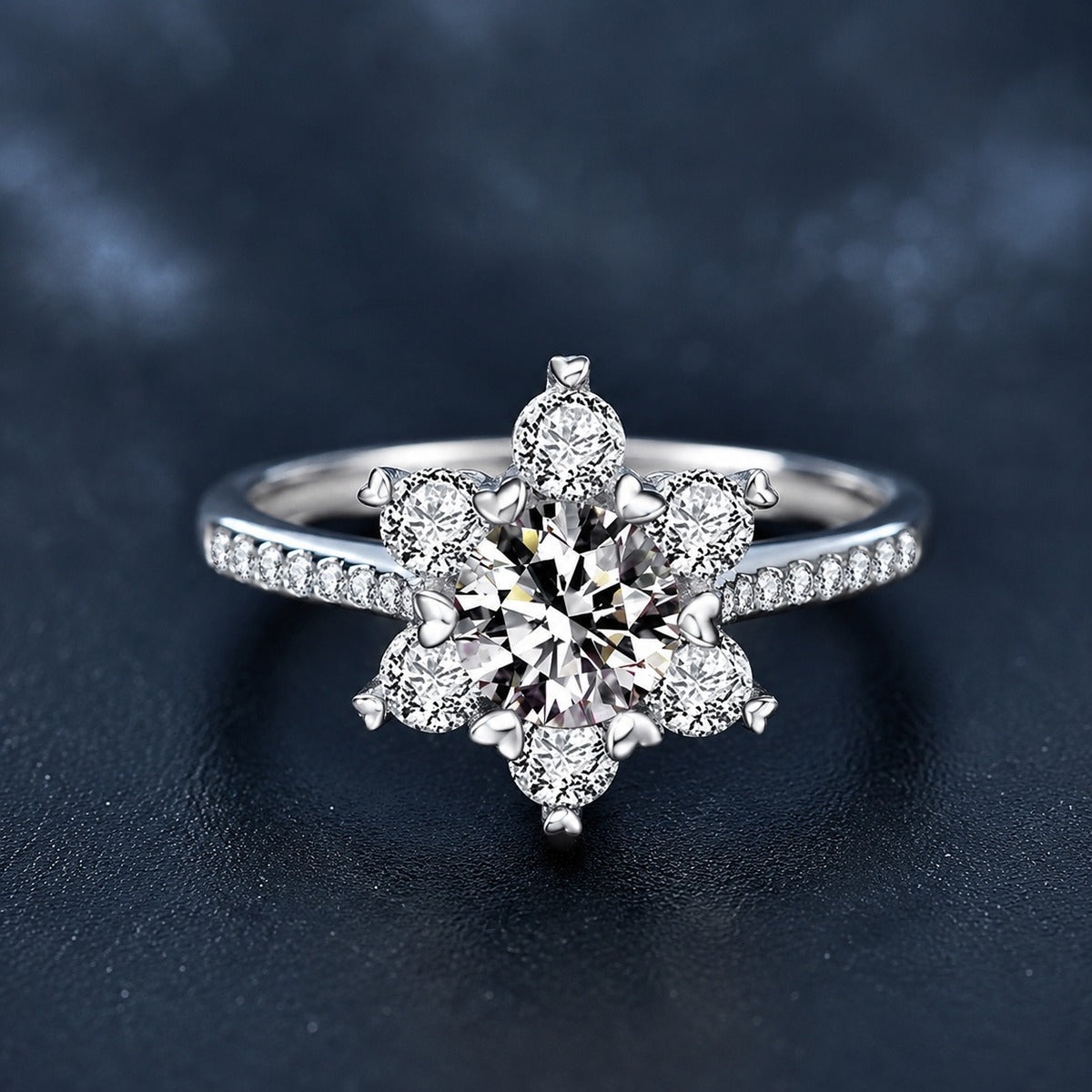 Snowflake Round Moissanite Adjustable Engagement Ring with CZ product view showing moissanite setting and metal finish