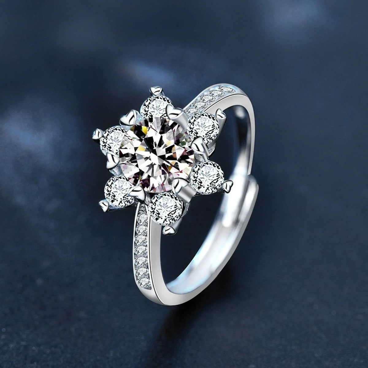 Snowflake Round Moissanite Adjustable Engagement Ring with CZ product view showing moissanite setting and metal finish
