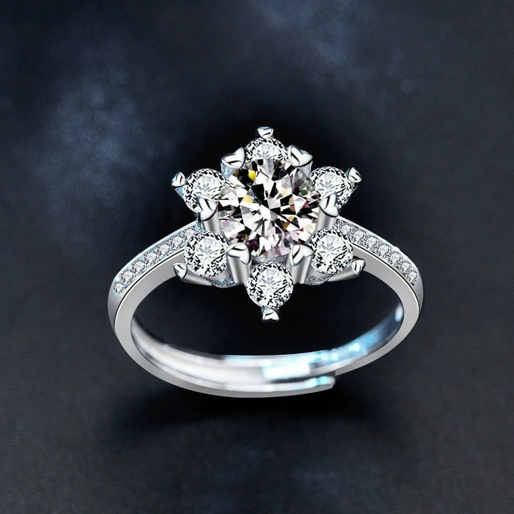 Snowflake Round Moissanite Adjustable Engagement Ring with CZ product view showing moissanite setting and metal finish