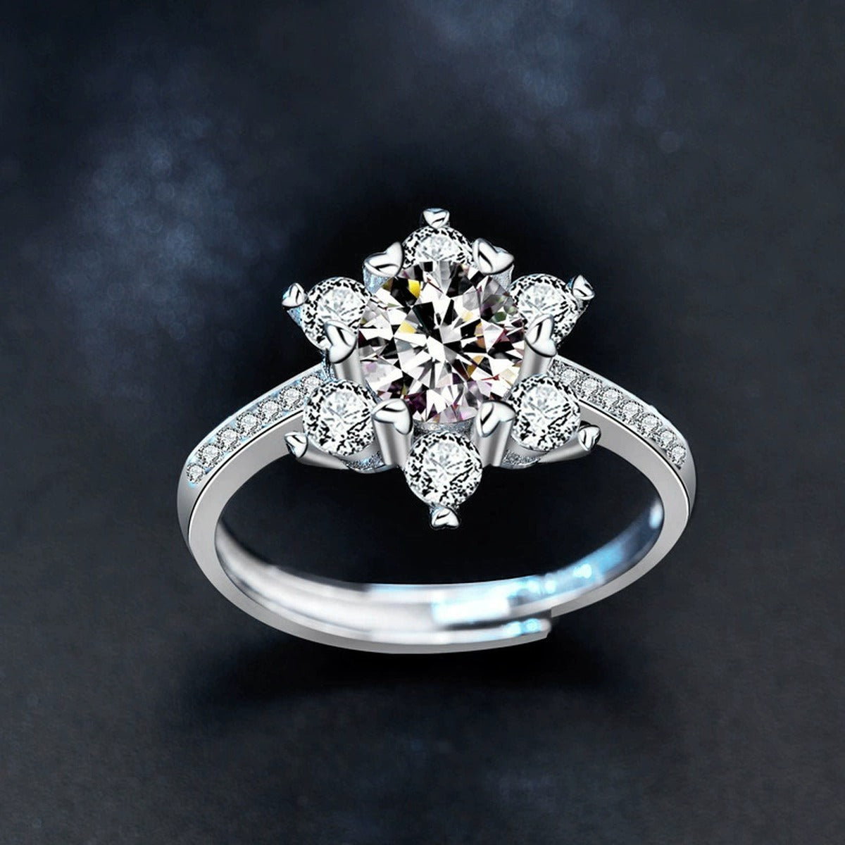 Snowflake Round Moissanite Adjustable Engagement Ring with CZ product view showing moissanite setting and metal finish
