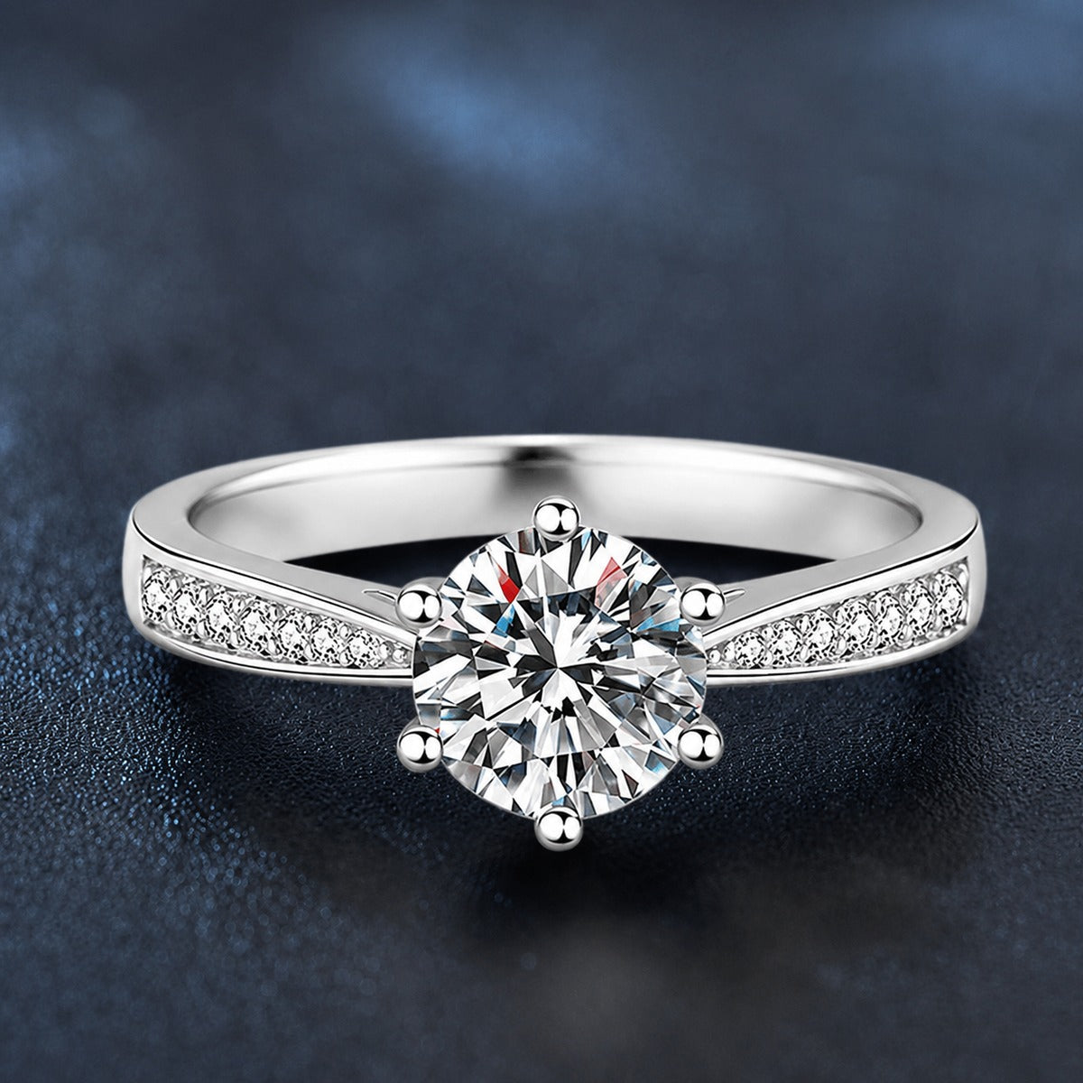 Six-Prong Round Moissanite Engagement Ring with CZ product view showing moissanite setting and metal finish