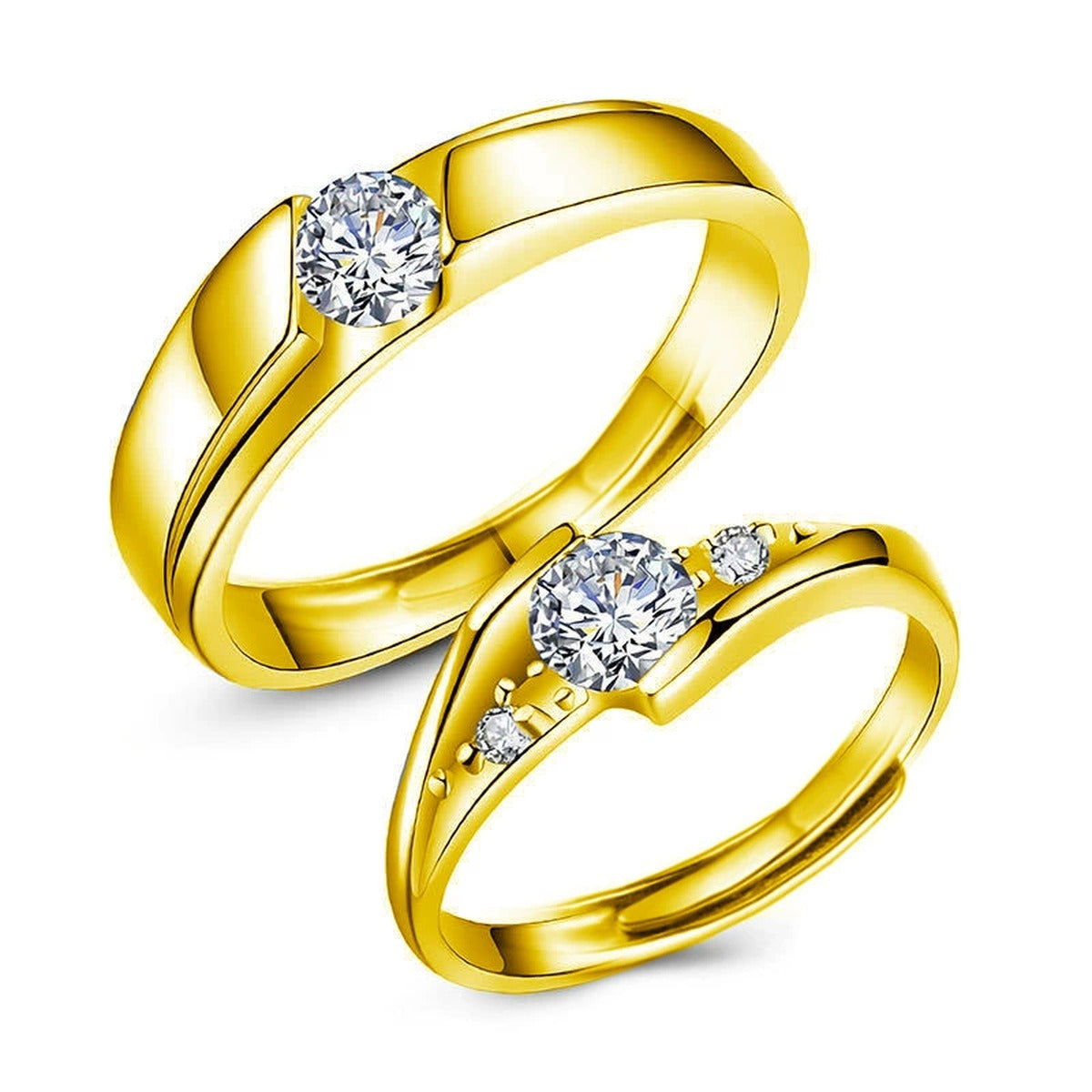 Round Moissanite Couples Wedding Rings in gold-plated S925 sterling silver on clean white background