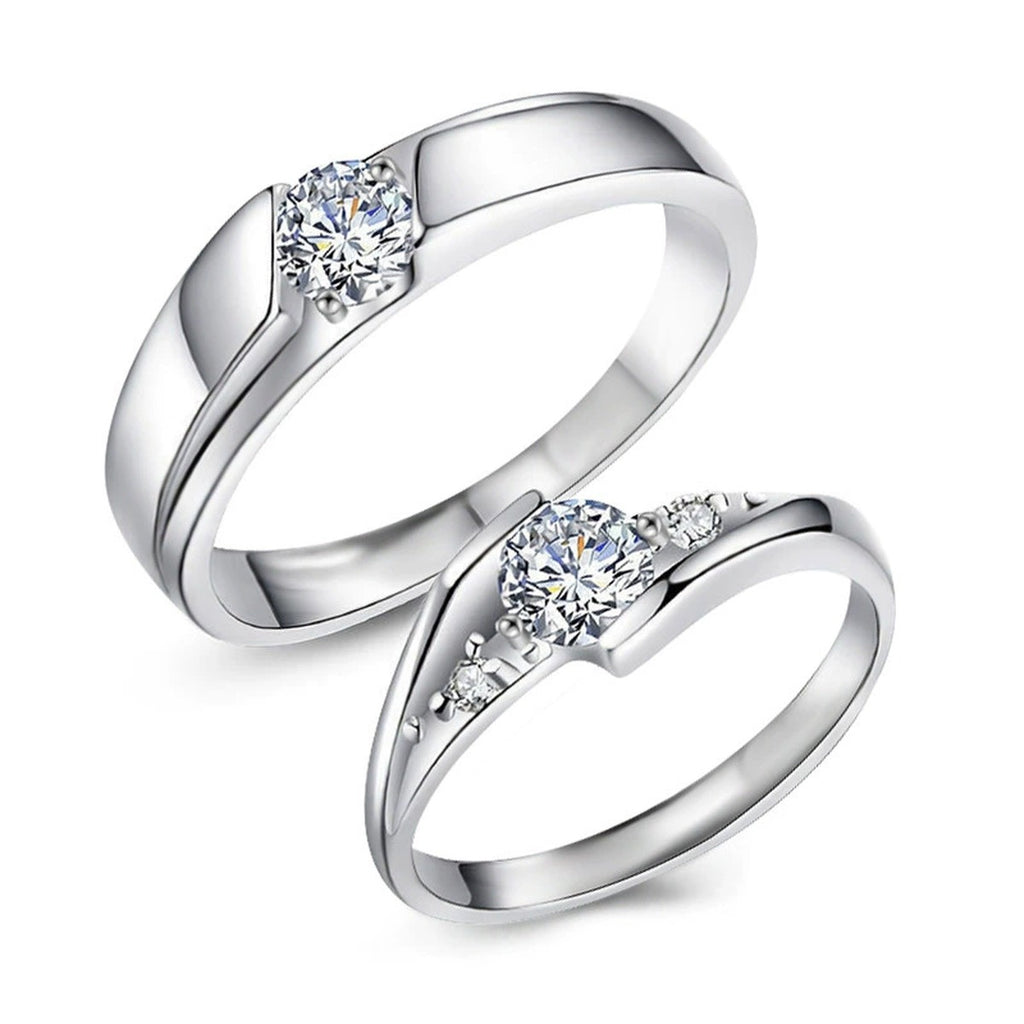 Round Moissanite Couples Wedding Rings in gold-plated S925 sterling silver on clean white background
