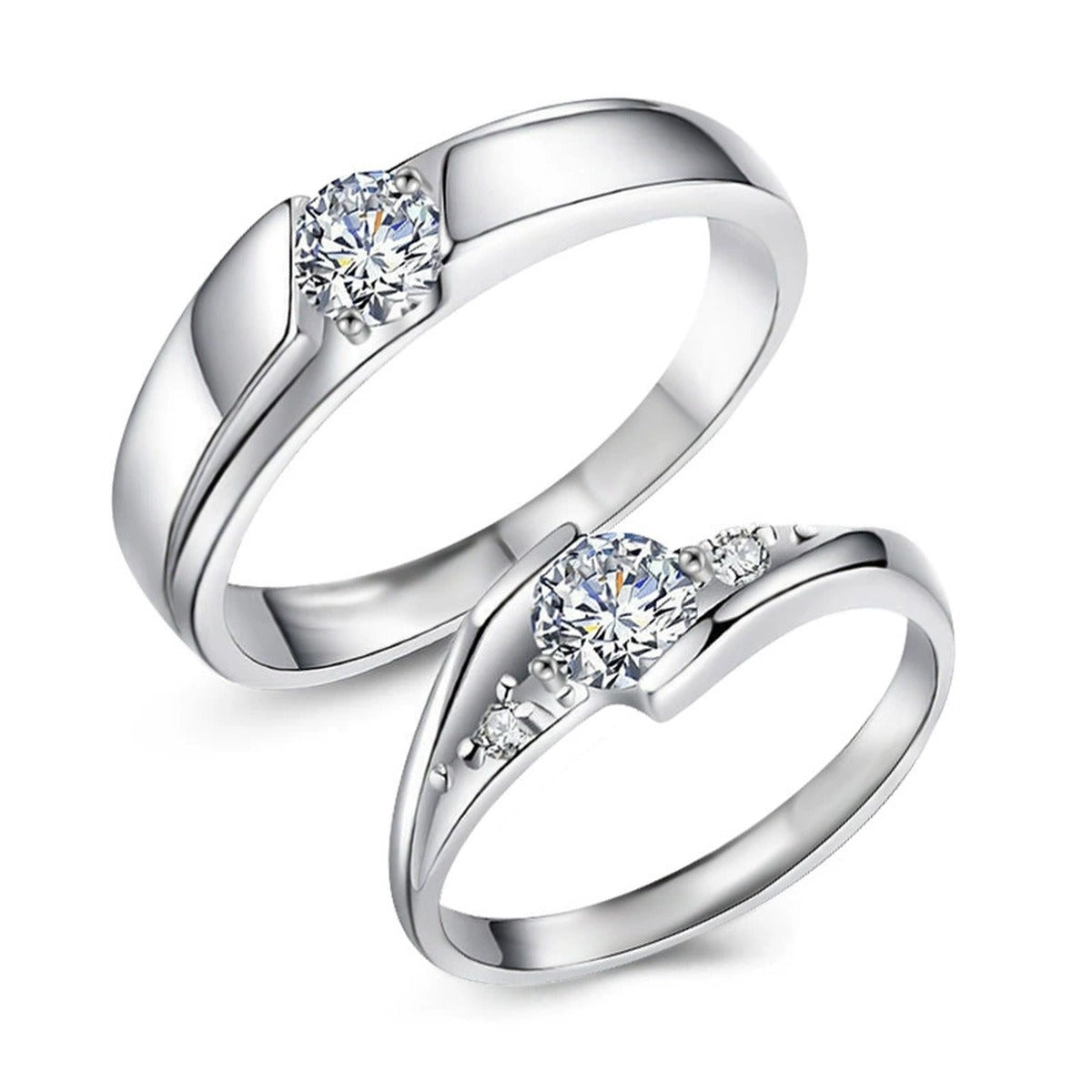 Round Moissanite Couples Wedding Rings in gold-plated S925 sterling silver on clean white background