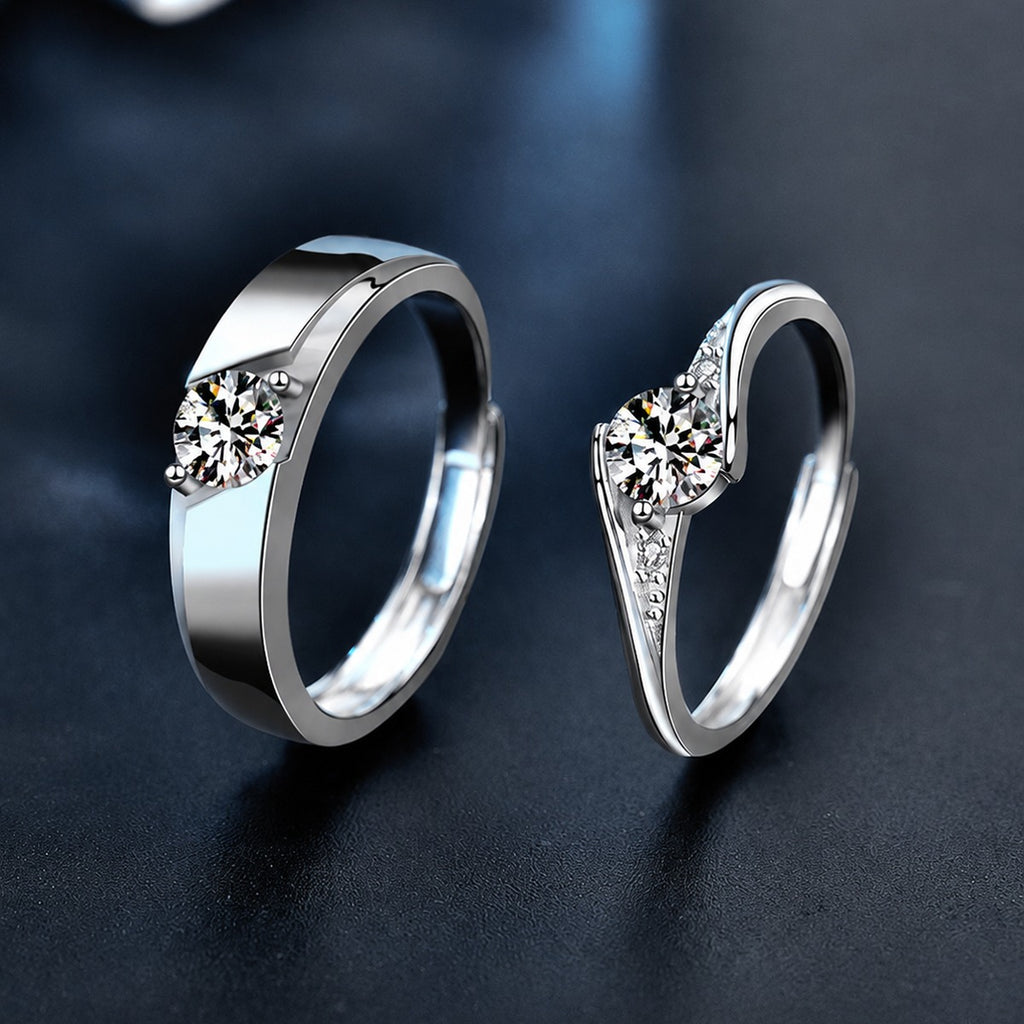 Round Moissanite Couples Wedding Rings close-up detail view with moissanite sparkle