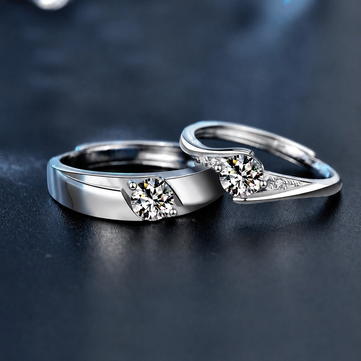 Round Moissanite Couples Wedding Rings close-up detail view with moissanite sparkle