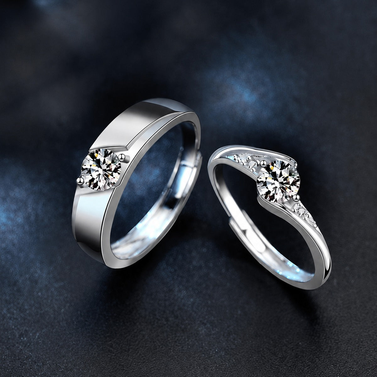 Round Moissanite Couples Wedding Rings close-up detail view with moissanite sparkle