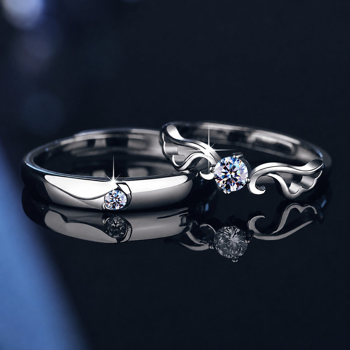 Round Moissanite Couples Wedding Rings close-up detail view with moissanite sparkle