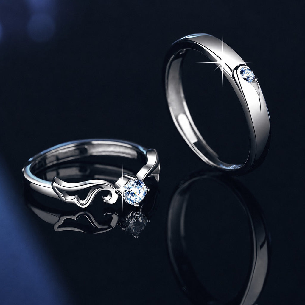 Round Moissanite Couples Wedding Rings close-up detail view with moissanite sparkle