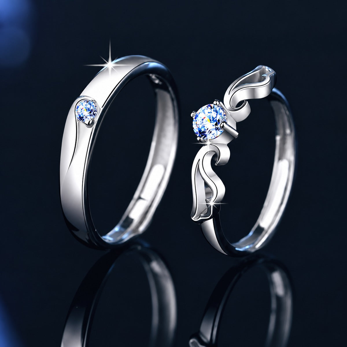 Round Moissanite Couples Wedding Rings close-up detail view with moissanite sparkle