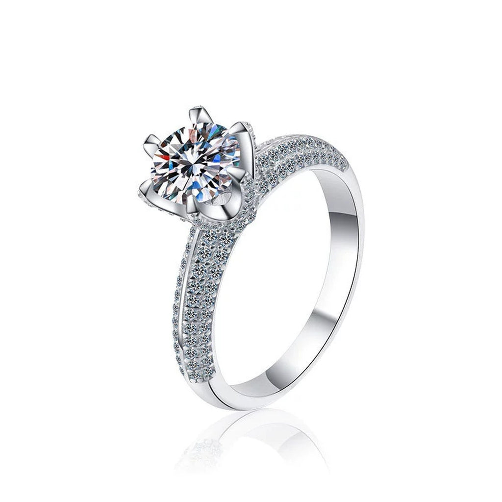 Six-Prong Round Moissanite Engagement Ring with CZ in white gold-plated S925 sterling silver on clean white background