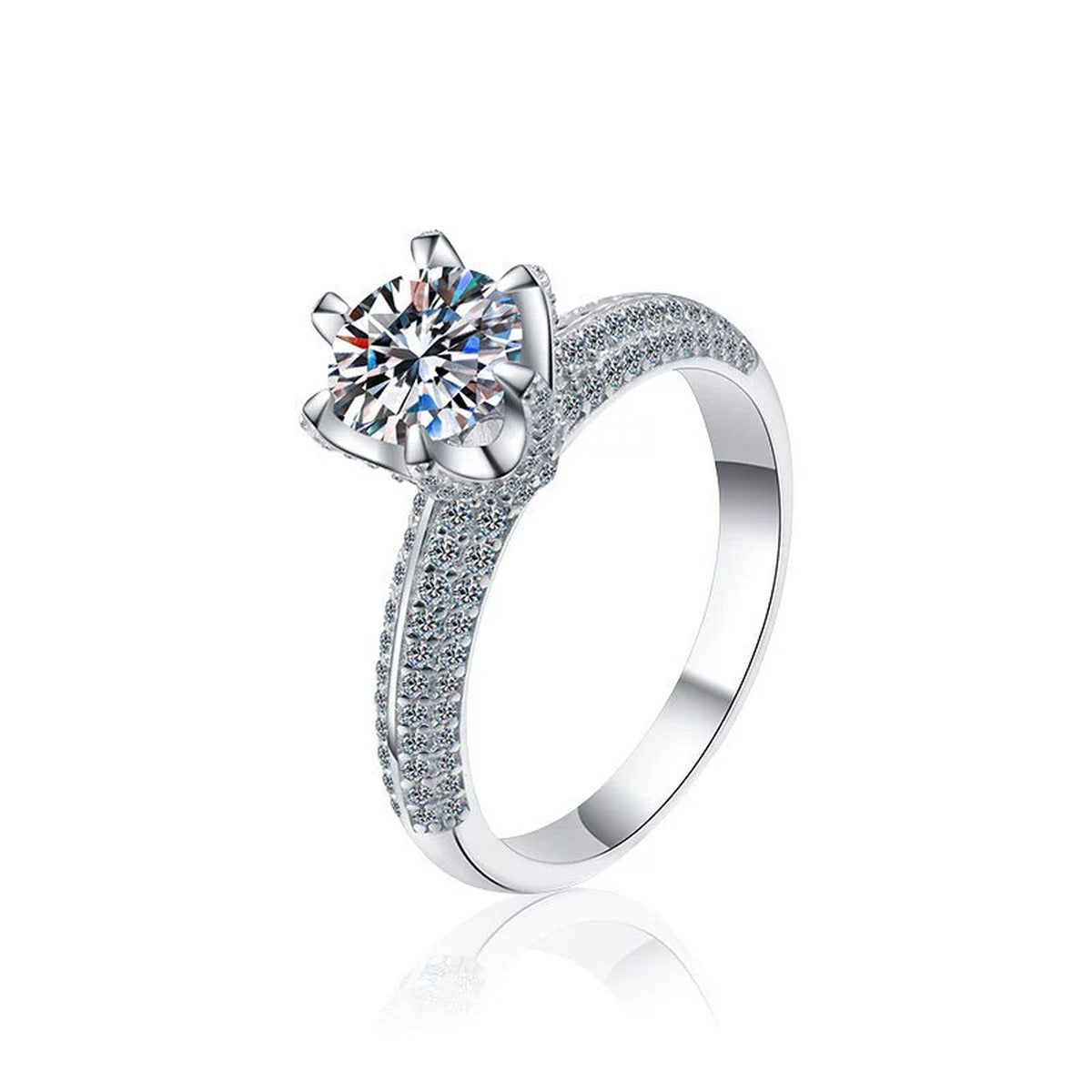 Six-Prong Round Moissanite Engagement Ring with CZ in white gold-plated S925 sterling silver on clean white background