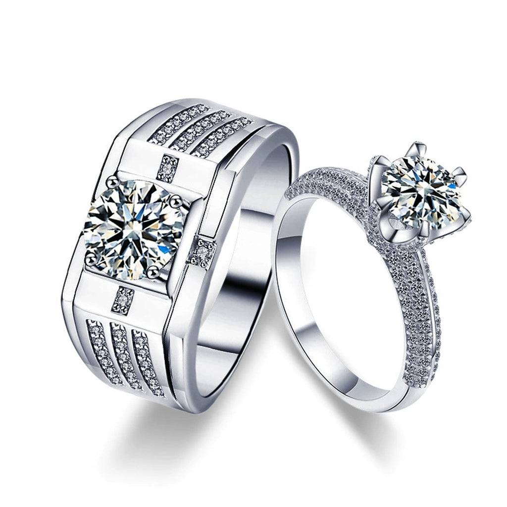 Round Moissanite Couples Wedding Rings with CZ in white gold-plated S925 sterling silver on clean white background