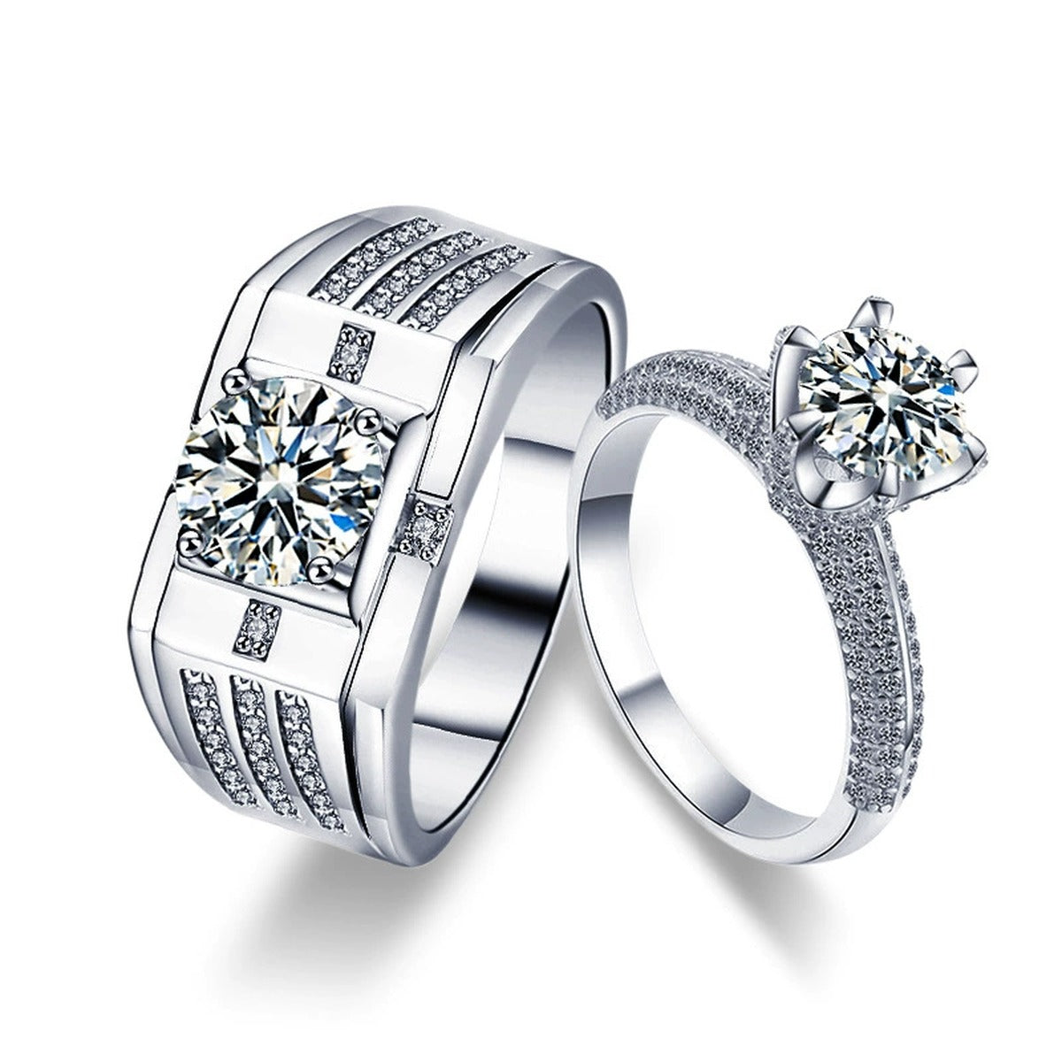 Round Moissanite Couples Wedding Rings with CZ in white gold-plated S925 sterling silver on clean white background