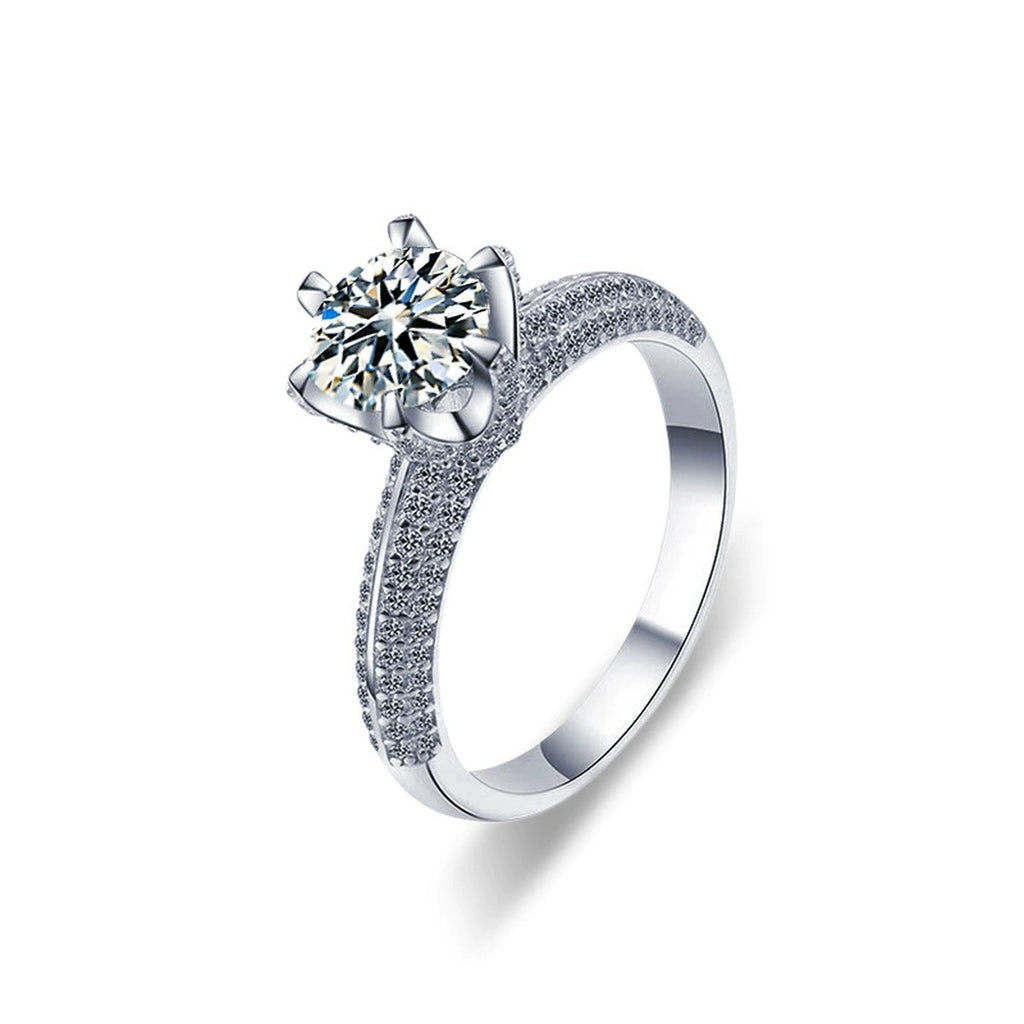 Round Moissanite Couples Wedding Rings with CZ in white gold-plated S925 sterling silver on clean white background