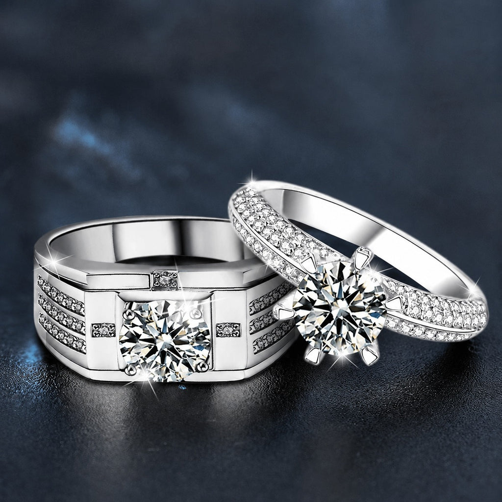 Round Moissanite Couples Wedding Rings with CZ close-up detail view with moissanite sparkle
