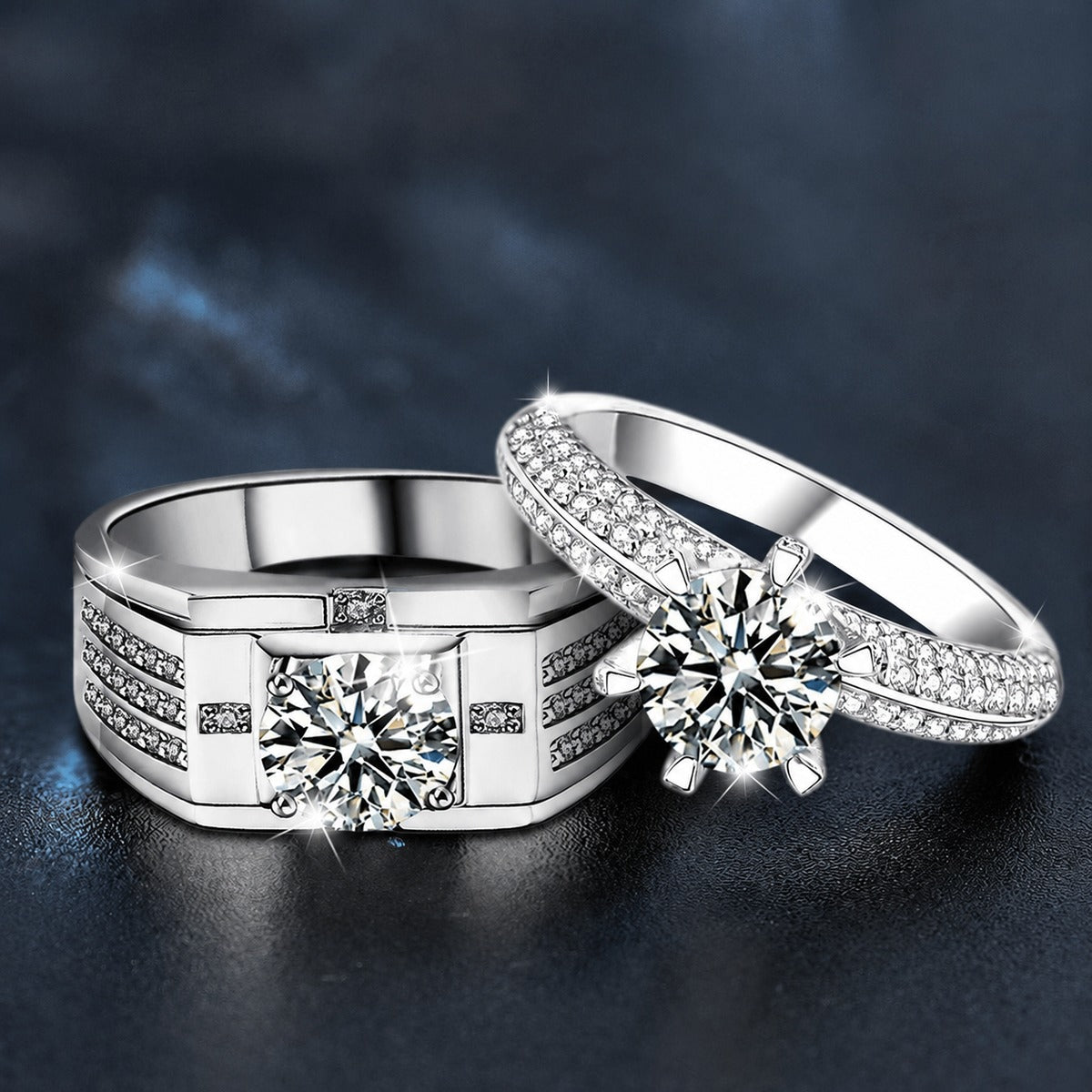 Round Moissanite Couples Wedding Rings with CZ close-up detail view with moissanite sparkle