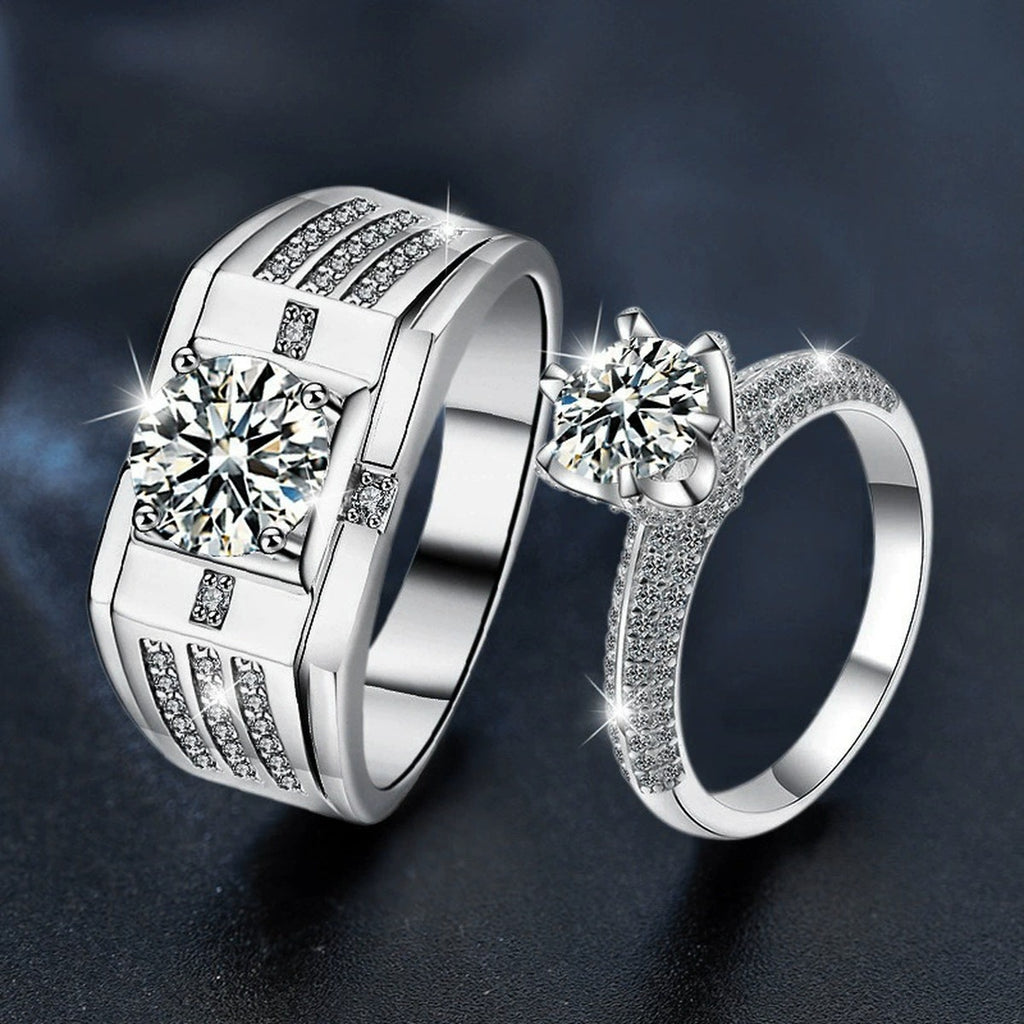 Round Moissanite Couples Wedding Rings with CZ close-up detail view with moissanite sparkle
