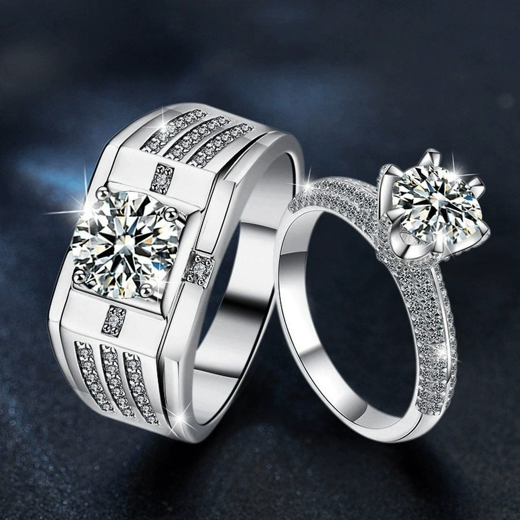 Round Moissanite Couples Wedding Rings with CZ close-up detail view with moissanite sparkle
