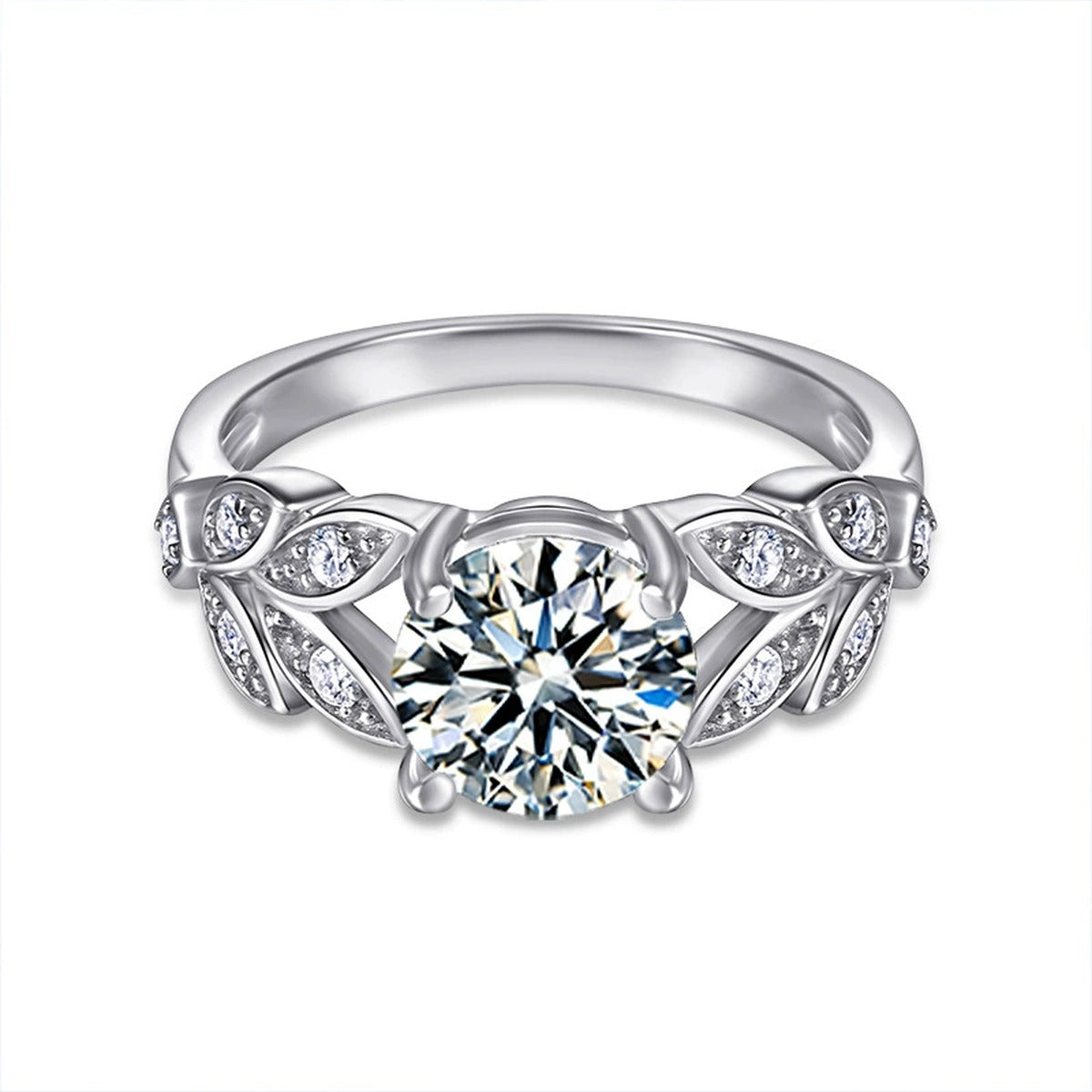 Leaf Motif Four-Prong Round Moissanite Engagement Ring with CZ in white gold-plated S925 sterling silver on clean white background