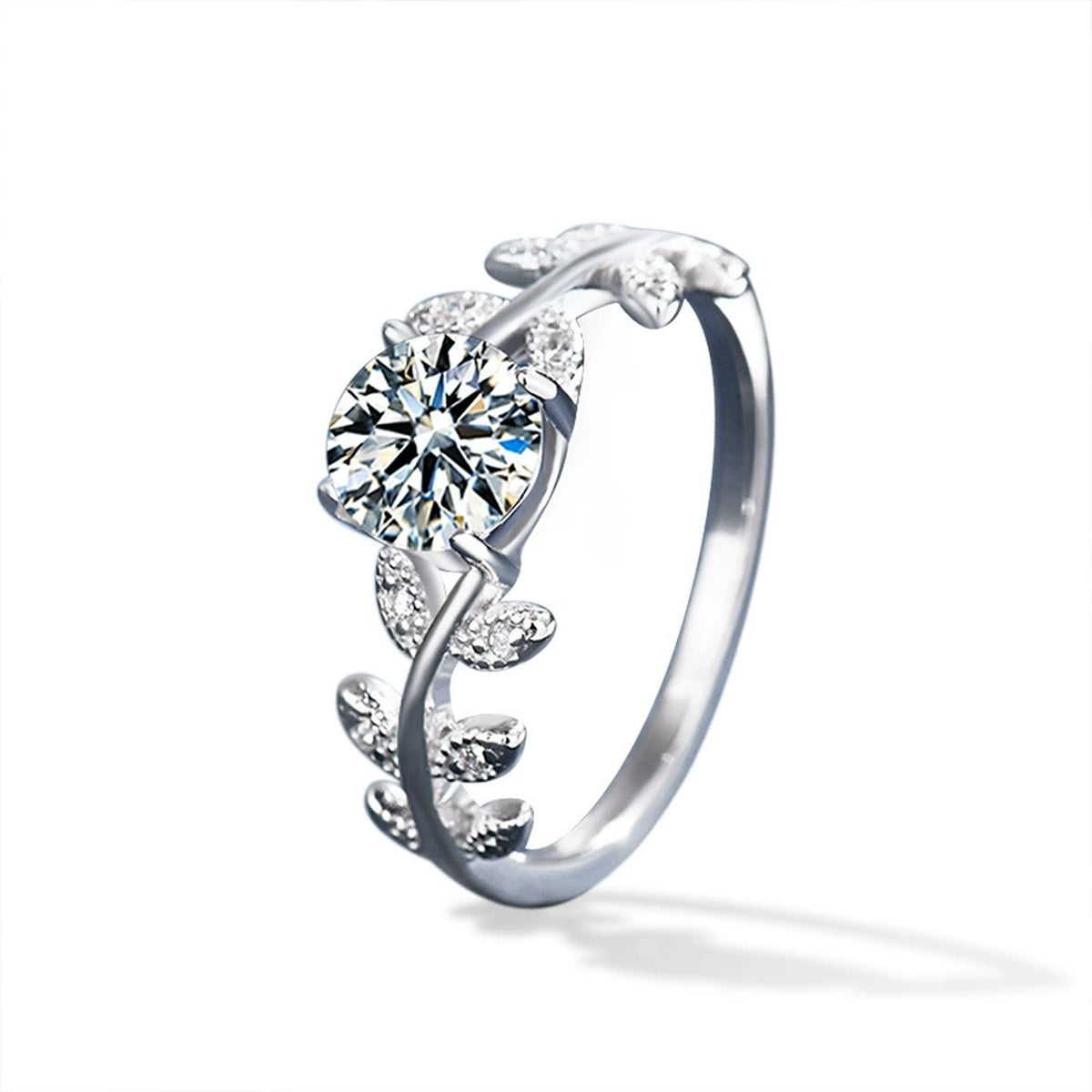 Leaf Vine Four-Prong Round Moissanite Engagement Ring with CZ in white gold-plated S925 sterling silver on clean white background