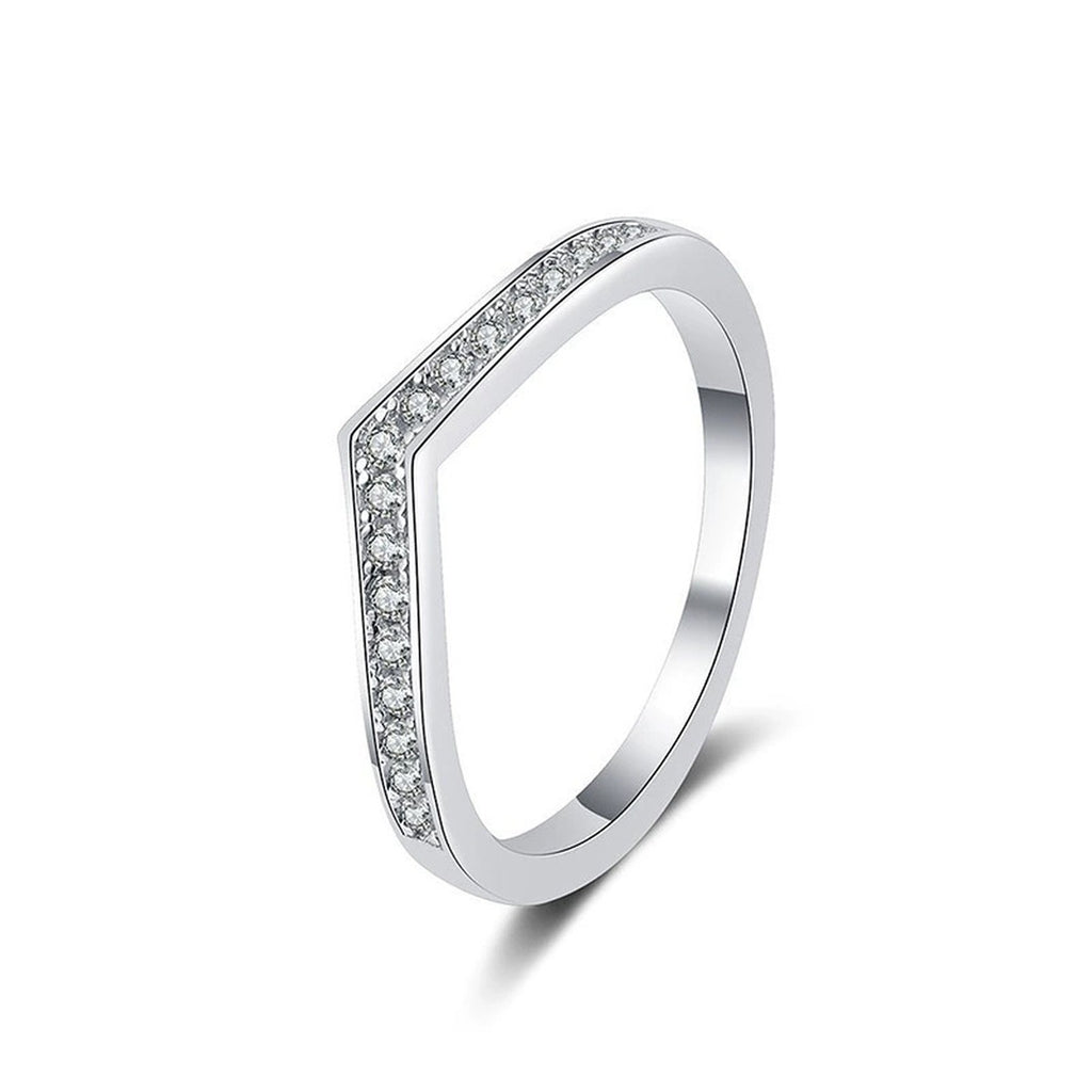 V-Shaped Round Moissanite Wedding Band in white gold-plated S925 sterling silver on clean white background